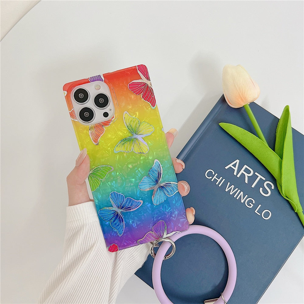 Anymob iPhone Case Red Butterfly Shell Texture Wristband Soft Square Phone Cover-Mobile Phone Cases-PEROZ Accessories