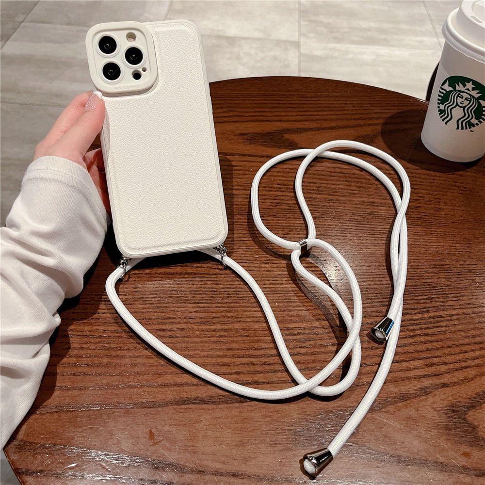 Anymob iPhone Case White Soft Silicone Lanyard Solid Color Crossbody shockproof Cover-Mobile Phone Cases-PEROZ Accessories