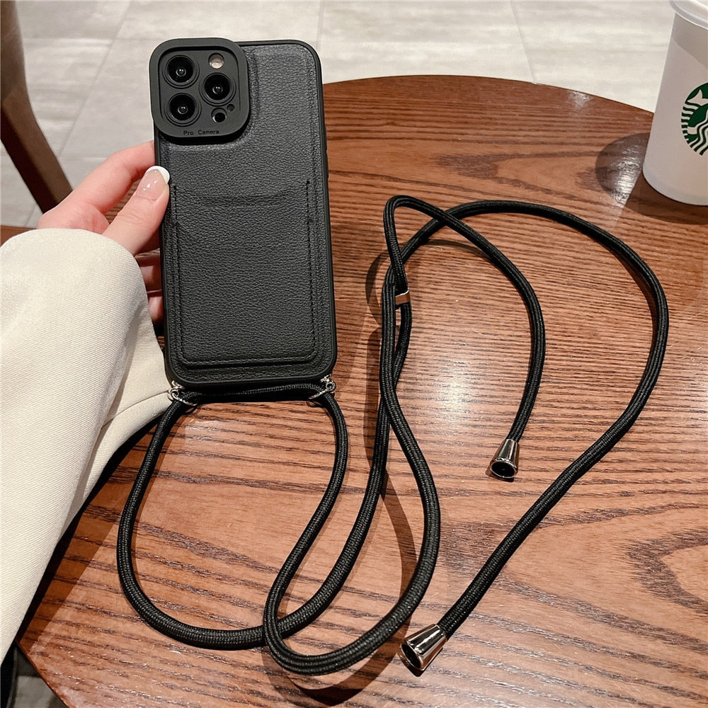 Anymob iPhone Case Black Crossbody Necklace Strap Lanyard Cord Card Holder Silicone Cover-Mobile Phone Cases-PEROZ Accessories