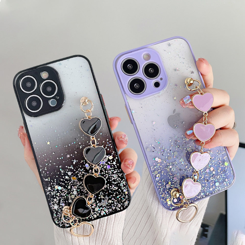 Anymob iPhone Case Pink Glitter Sequins Love Heart Bracelet Clear Soft Cover-Mobile Phone Cases-PEROZ Accessories