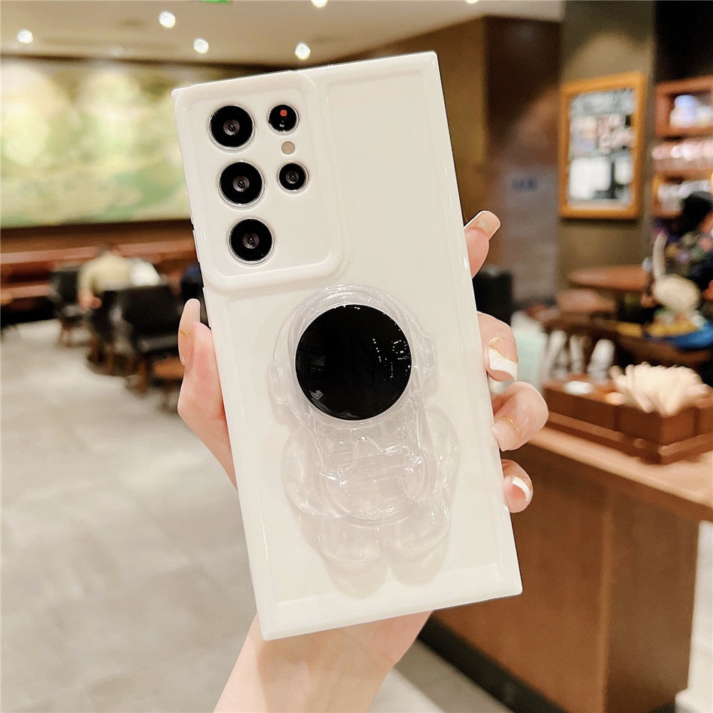 Anymob Samsung White Folding Cartoon Astronaut Stand Phone Case Soft Silicone Frame Shockproof Bumper Cover-Mobile Phone Cases-PEROZ Accessories