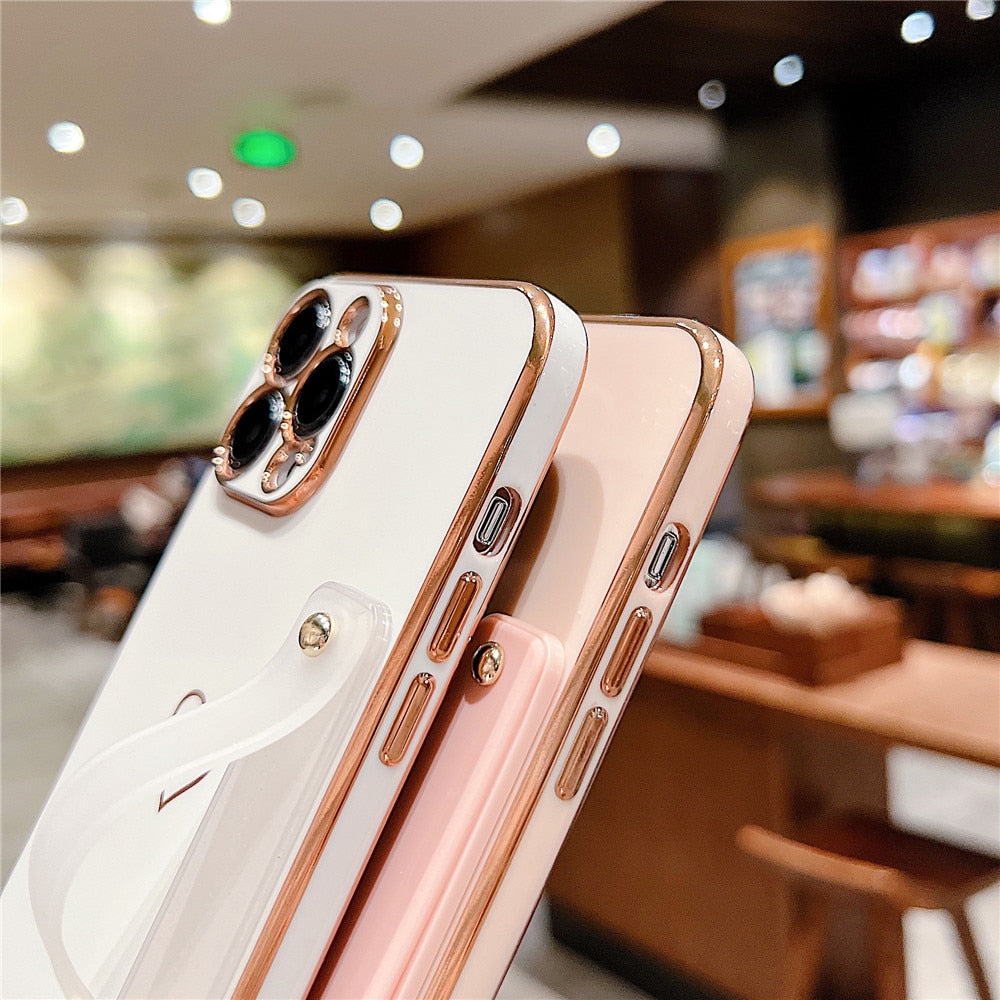 Anymob iPhone Case Black Love Heart Plating Wristband Bracket Electroplated Silicone Soft Shockproof Back Cover-Mobile Phone Cases-PEROZ Accessories