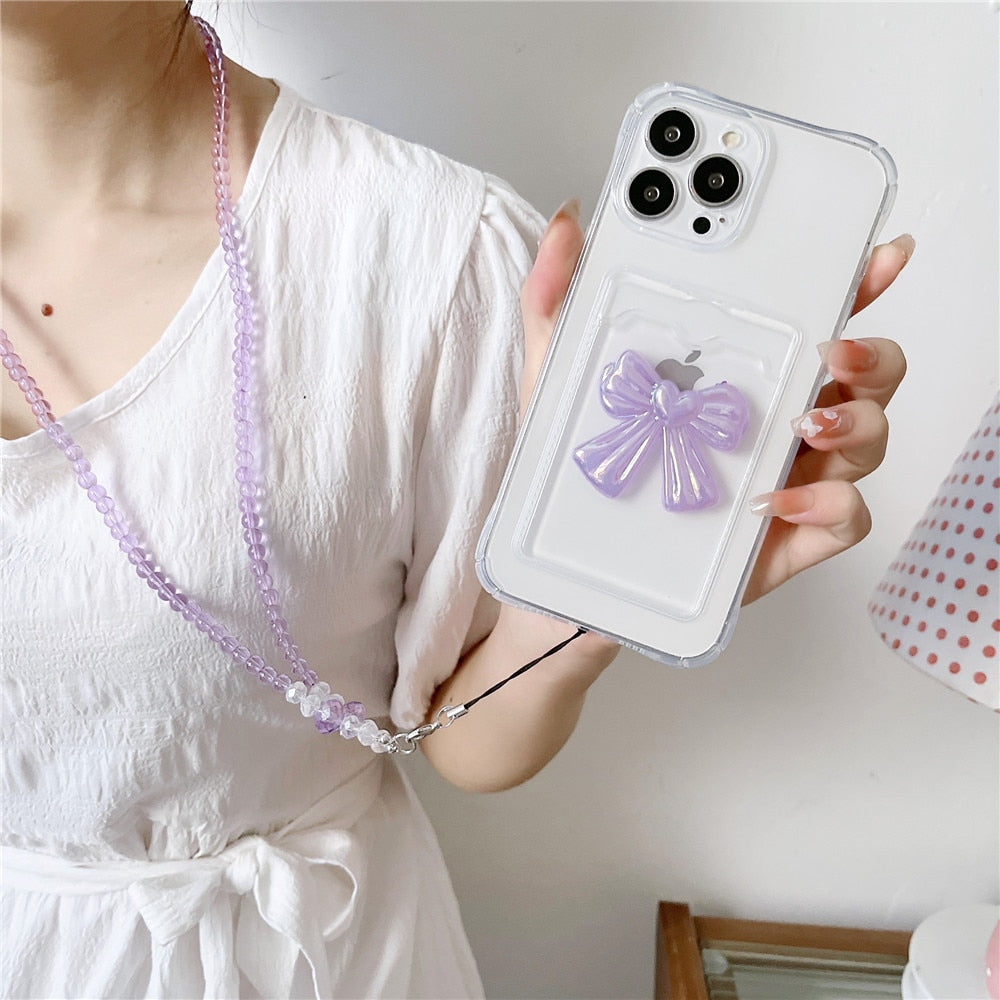 Anymob iPhone Case White Lovely Bowknot Card Bag Strap Cord Chain Necklace Lanyard Rope Cover-Mobile Phone Cases-PEROZ Accessories