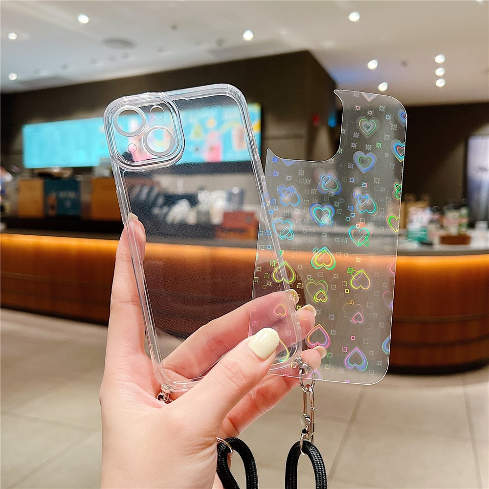 Anymob iPhone Case Dark Blue Clear Laser Love Heart Crossbody Lanyard Hang Strap Rope Cover-Mobile Phone Cases-PEROZ Accessories