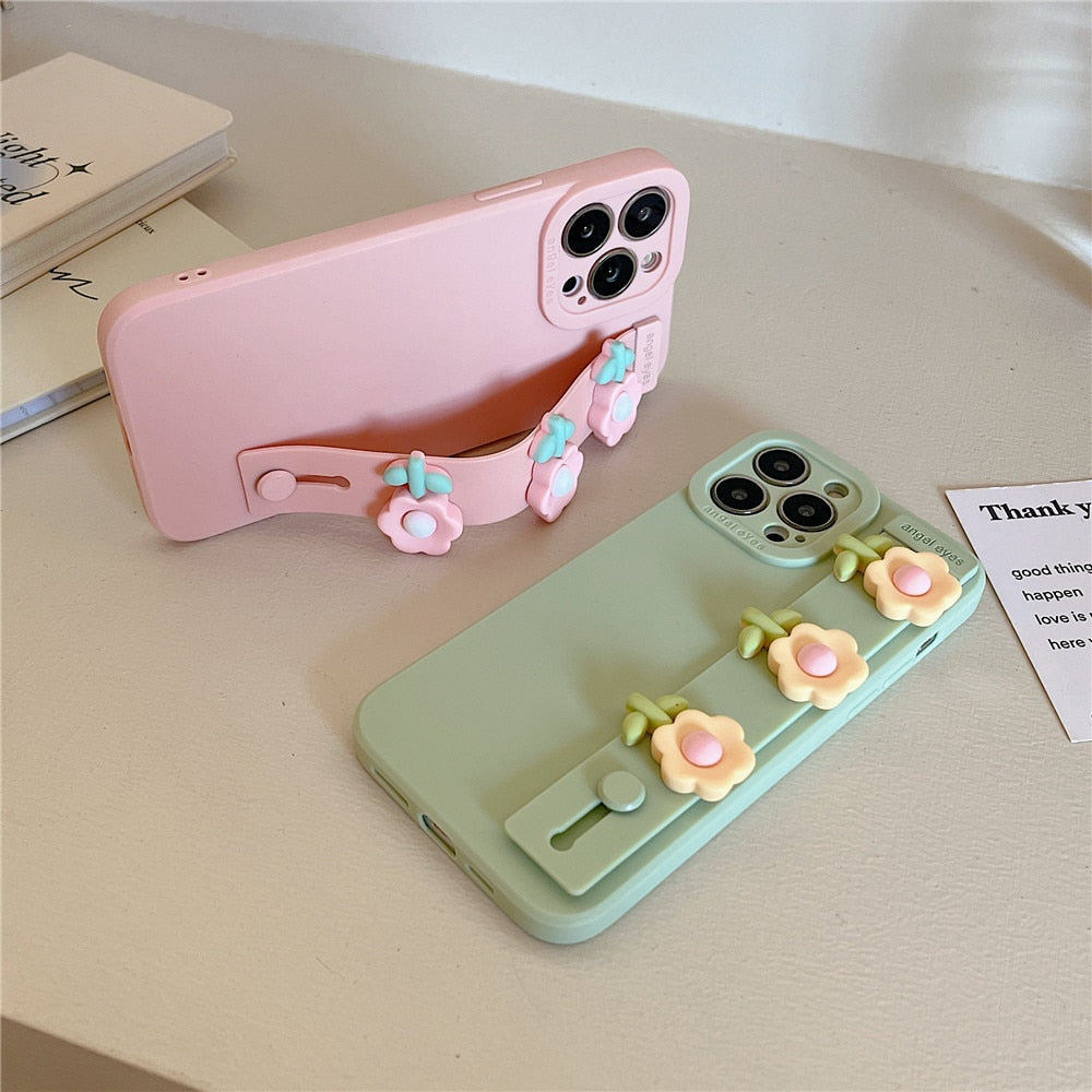 Anymob iPhone Case Pink Cute Flower Wrist Band Holder Stand Soft Silicone Phone Cover-Mobile Phone Cases-PEROZ Accessories