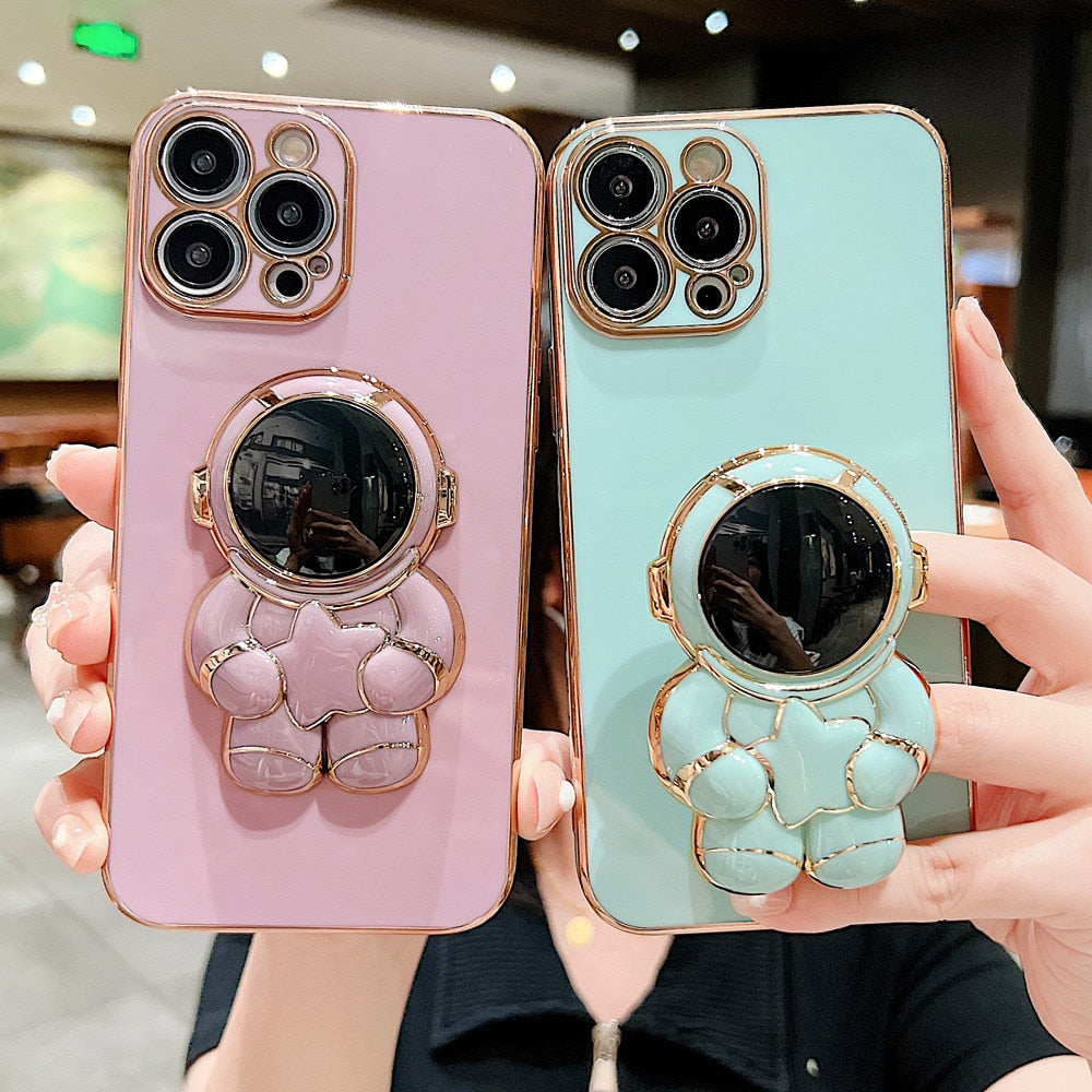Anymob iPhone Case Glossy Pink Universal 6D Astronaut Foldable Holder Phone Cover-Mobile Phone Cases-PEROZ Accessories
