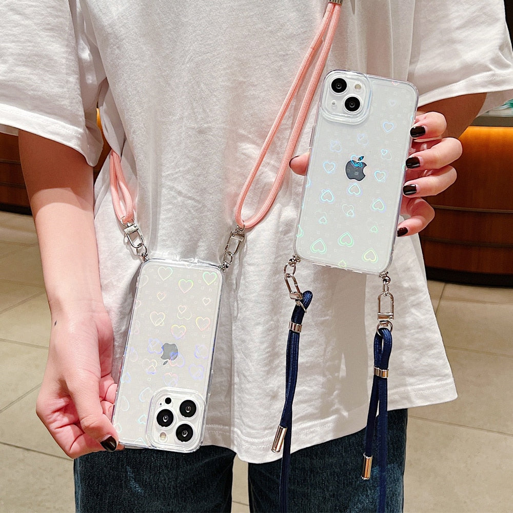 Anymob iPhone Case Dark Blue Clear Laser Love Heart Crossbody Lanyard Hang Strap Rope Cover-Mobile Phone Cases-PEROZ Accessories