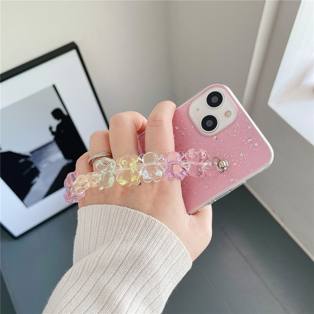 Anymob iPhone Case Mint Green 3D Cartoon Bear Wrist Bracelet Soft Chain Clear Glitter Cover-Mobile Phone Cases-PEROZ Accessories