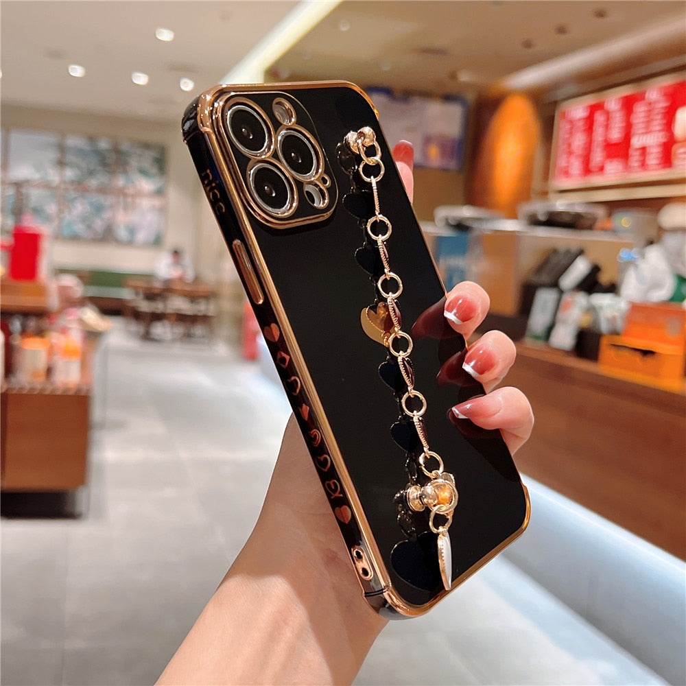 Anymob iPhone Case Mustard Love Heart Plating Bracelet Soft Silicon Protection Wrist Chain Phone Cover-Mobile Phone Cases-PEROZ Accessories