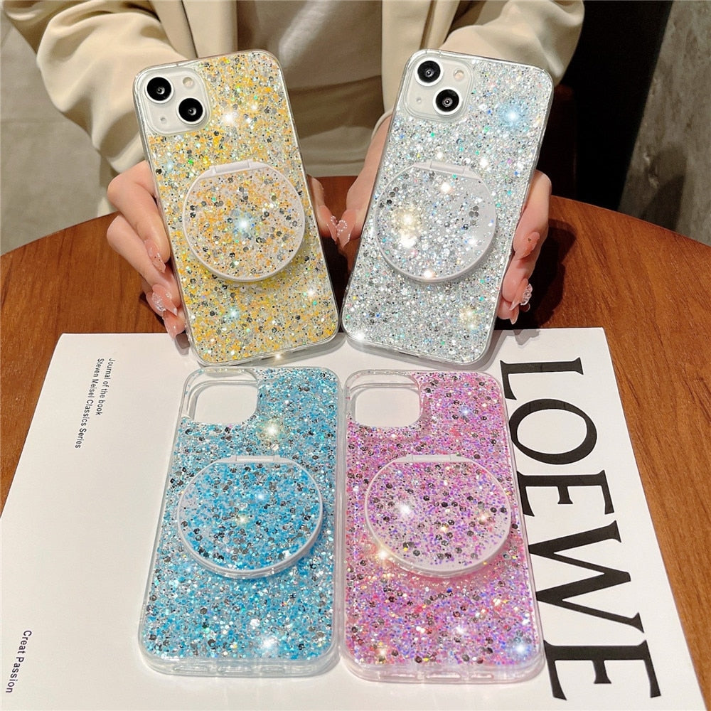 Anymob iPhone Case Yellow Mirror Holder Gradient Glitter Soft Silicon Phone Back Cover-Mobile Phone Cases-PEROZ Accessories