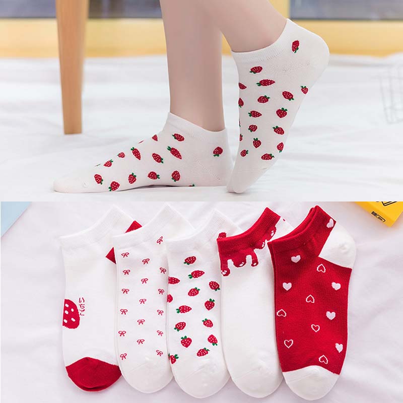 Anysox 5 Pairs One Size 5-9 Mix Strawberry Liner Cotton And Spandex Socks With Fruit Creative Design Brand Perfect for Women-Socks-PEROZ Accessories