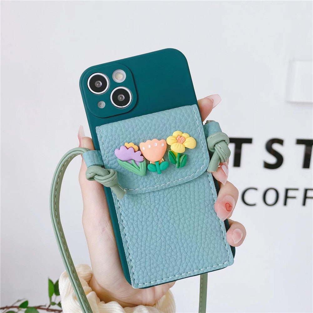 Anymob iPhone Black Crossbody Lanyard Rope Card Slot Holder Case Flowers Soft Silicone Cover-Mobile Phone Cases-PEROZ Accessories