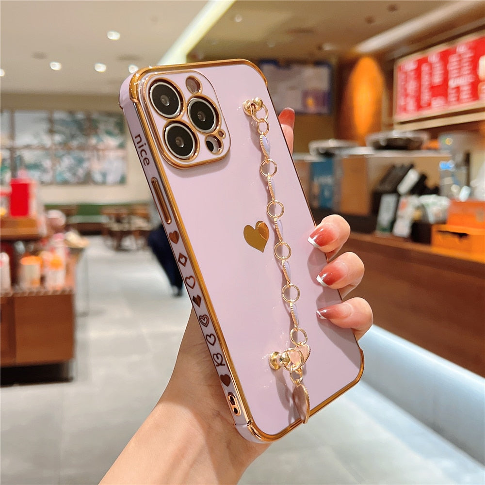 Anymob iPhone Case Mustard Love Heart Plating Bracelet Soft Silicon Protection Wrist Chain Phone Cover-Mobile Phone Cases-PEROZ Accessories