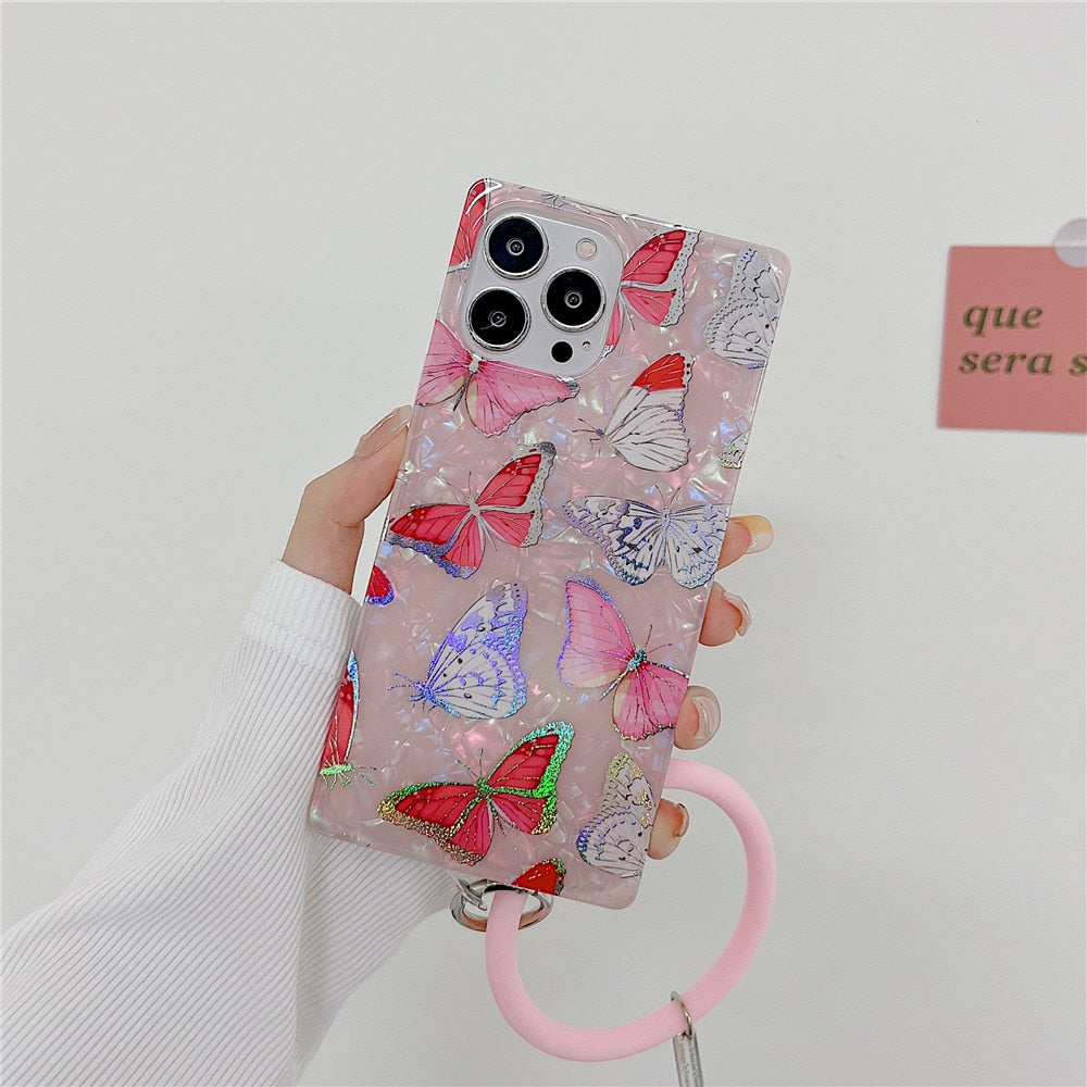 Anymob iPhone Case Red Butterfly Shell Texture Wristband Soft Square Phone Cover-Mobile Phone Cases-PEROZ Accessories