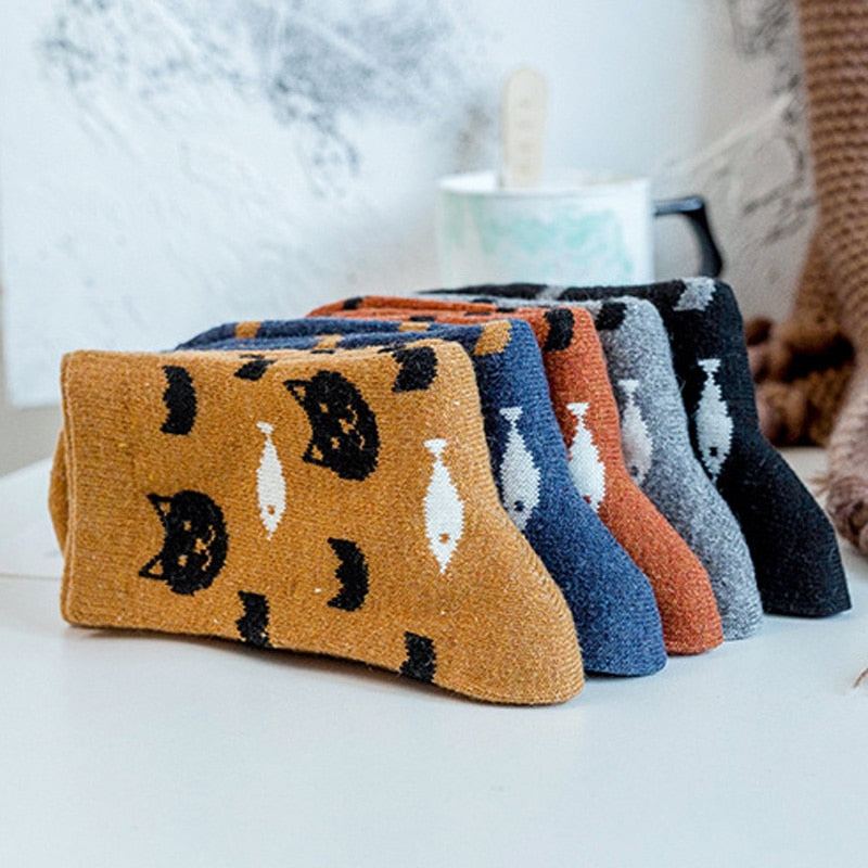 Anysox 5 Pairs Size 5-9 Mix Color Kittens Winter Thick And Warm Wool Socks Casual Euramerican National Wind-Flowers Fashion Cotton Socks-Socks-PEROZ Accessories