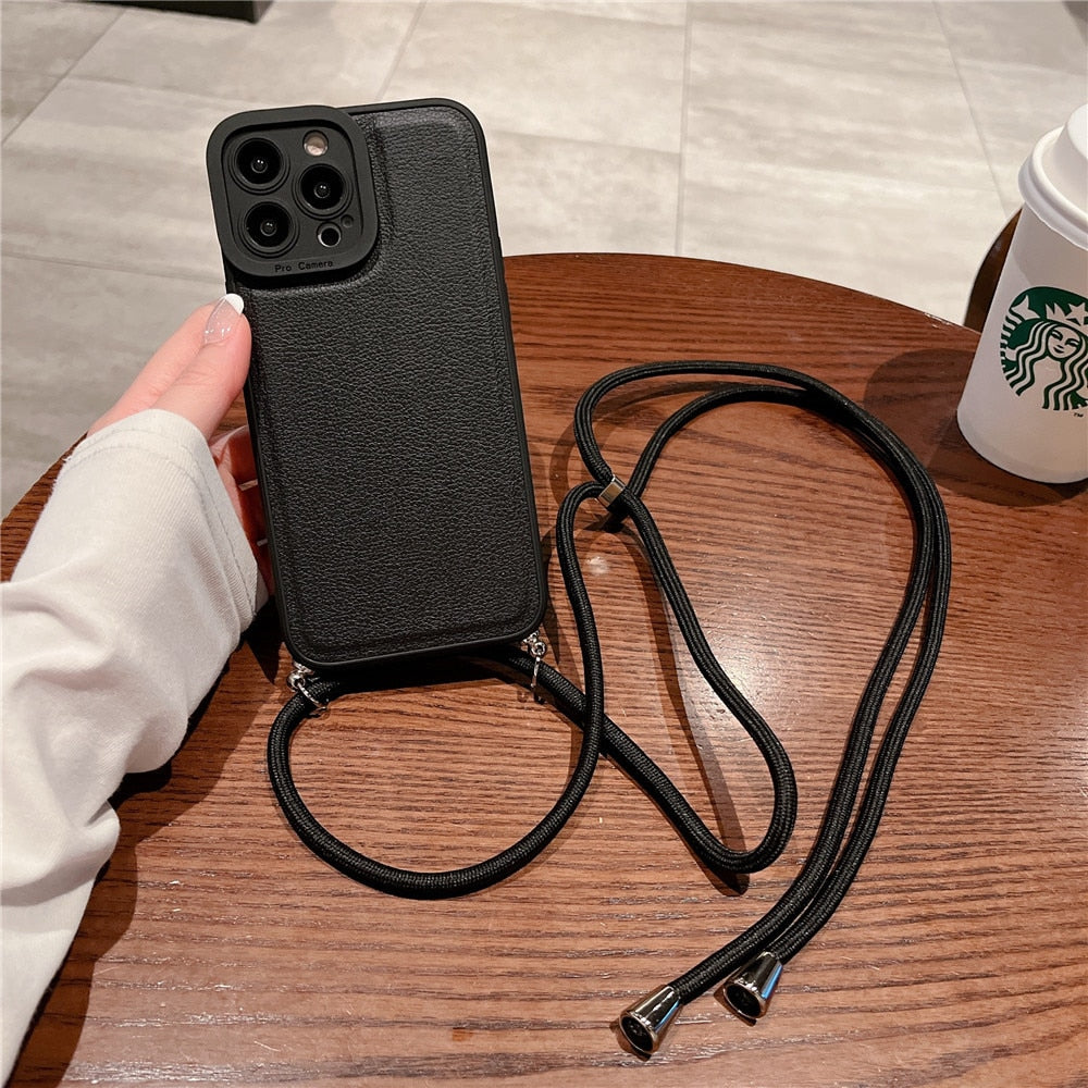 Anymob iPhone Case Black Soft Silicone Lanyard Solid Color Crossbody shockproof Cover-Mobile Phone Cases-PEROZ Accessories