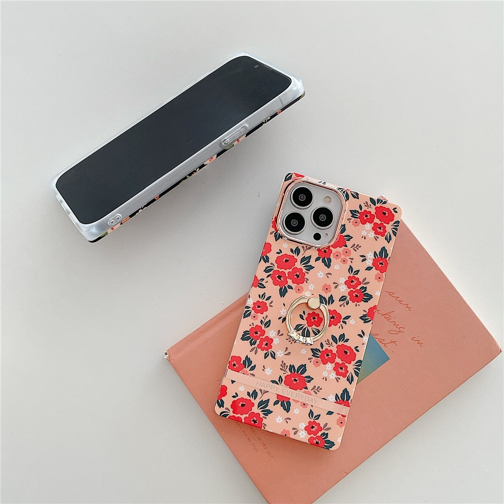 Anymob iPhone Case Pink Ring Holder Flowers Square Design Soft Silicon Stand Phone Cover-Mobile Phone Cases-PEROZ Accessories