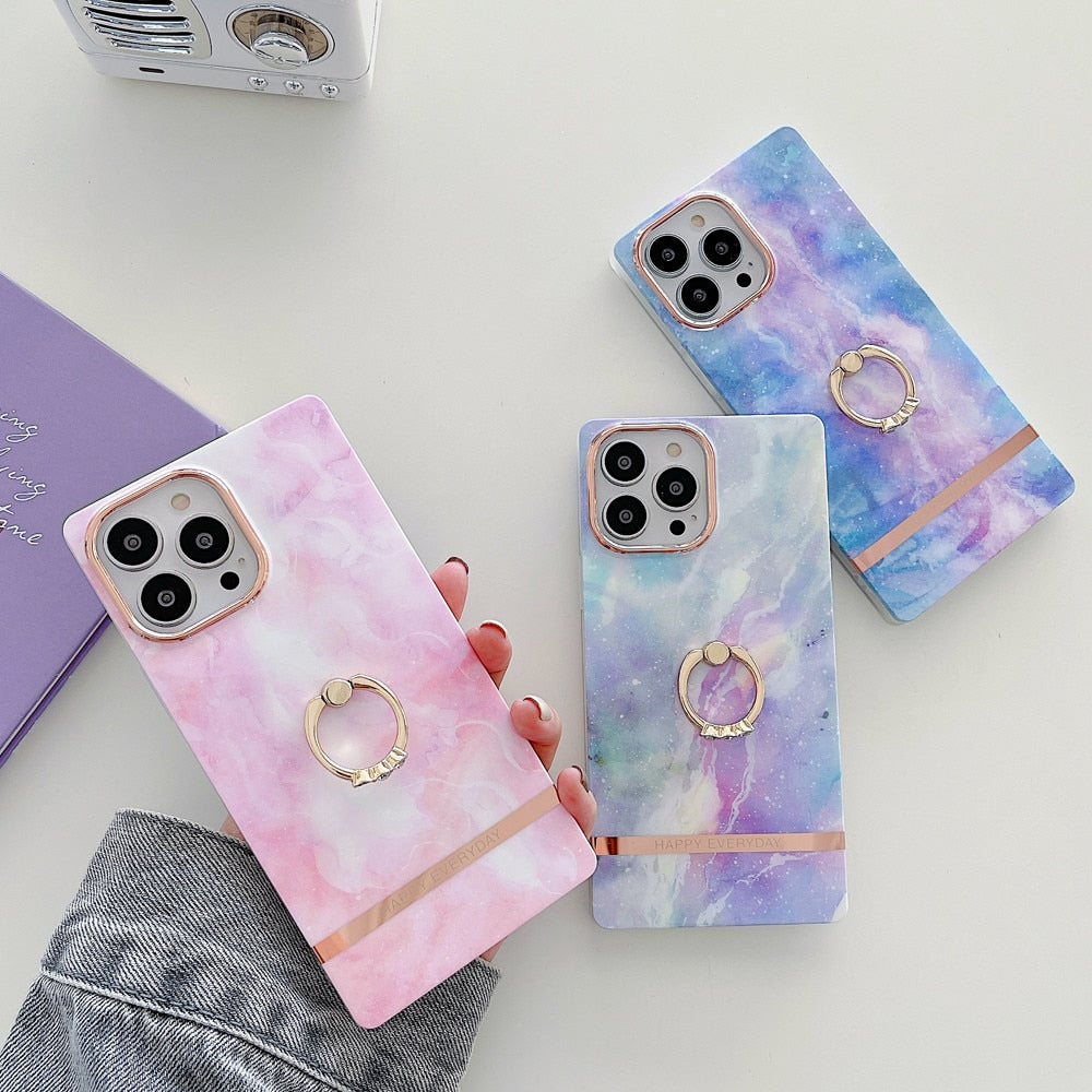 Anymob iPhone Case Purple Gradient Marble Painting Cute Shockproof Shell With Ring Holder Bracket-Mobile Phone Cases-PEROZ Accessories