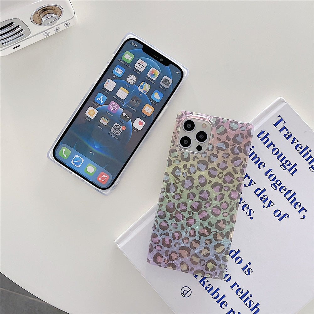 Anymob iPhone Case Yellow Soft Silicone Square Design Gradient Leopard Dream Shell Pattern Cover-Mobile Phone Cases-PEROZ Accessories