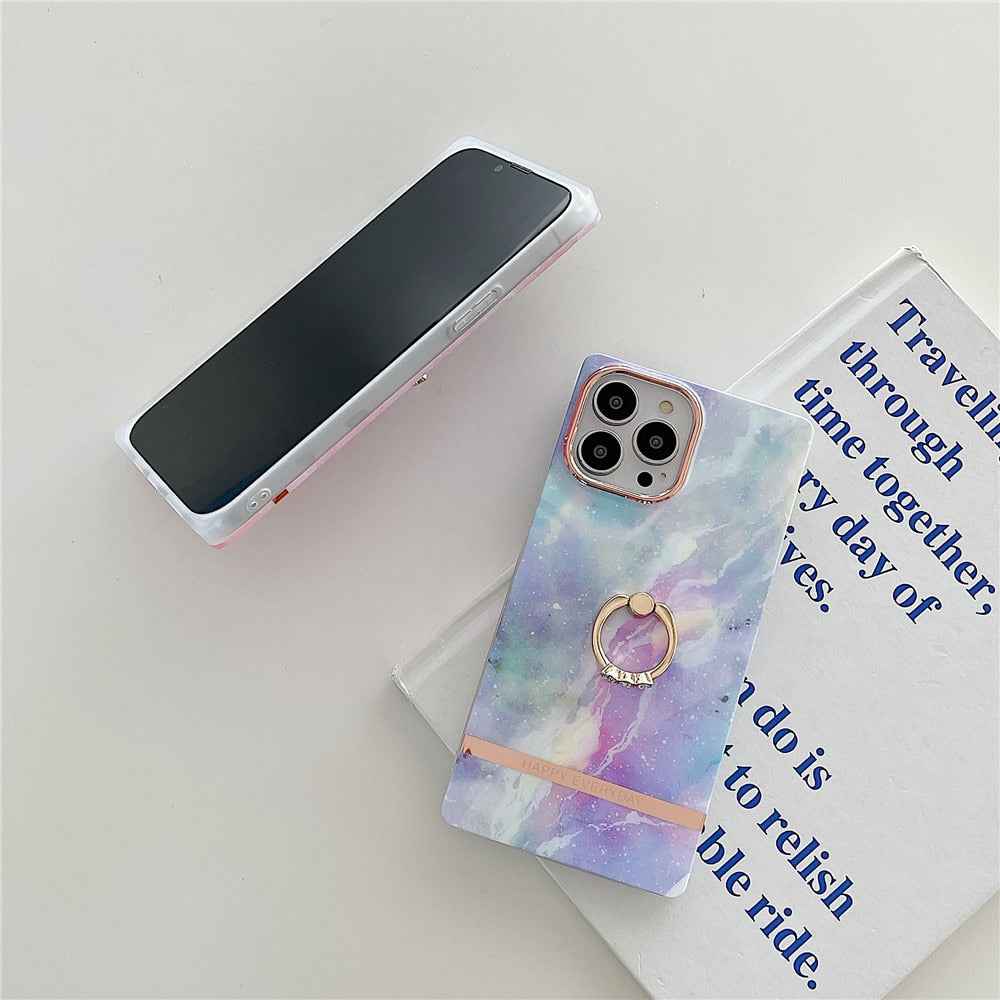 Anymob iPhone Case Purple Gradient Marble Painting Cute Shockproof Shell With Ring Holder Bracket-Mobile Phone Cases-PEROZ Accessories
