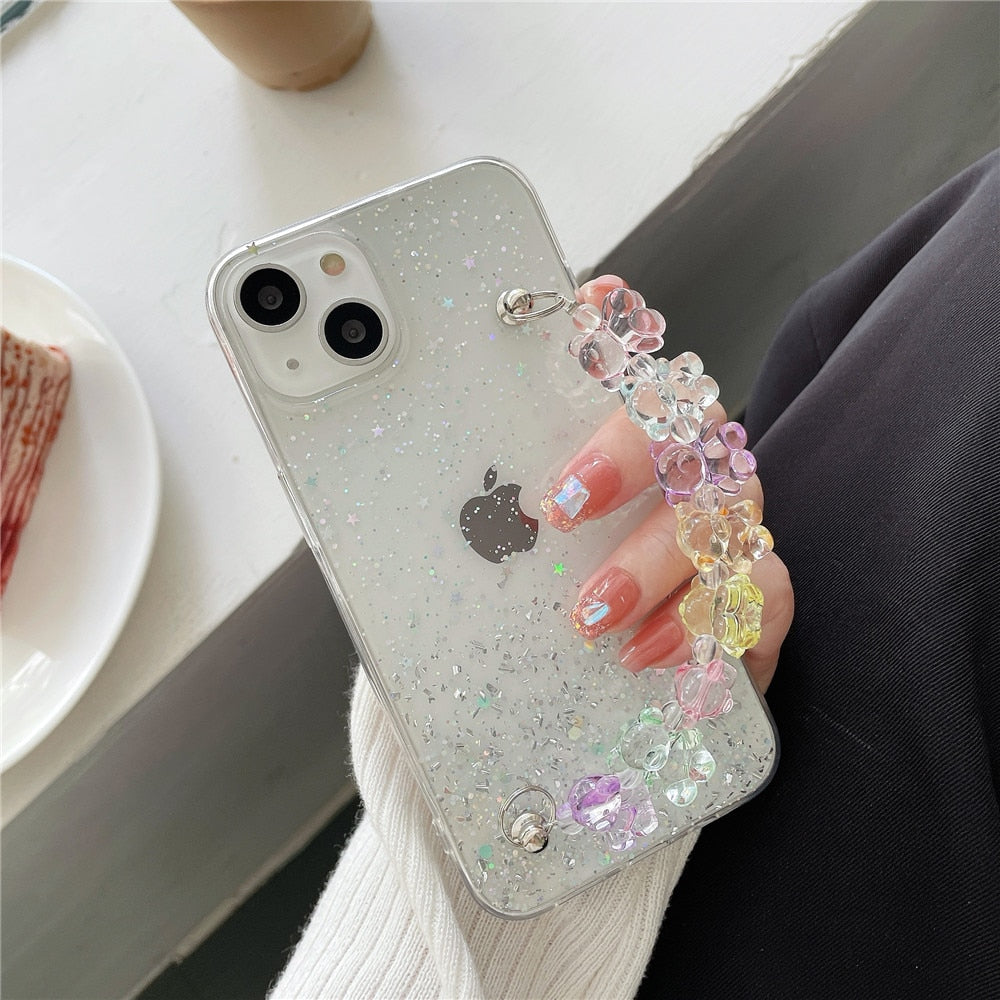 Anymob iPhone Case Mint Green 3D Cartoon Bear Wrist Bracelet Soft Chain Clear Glitter Cover-Mobile Phone Cases-PEROZ Accessories