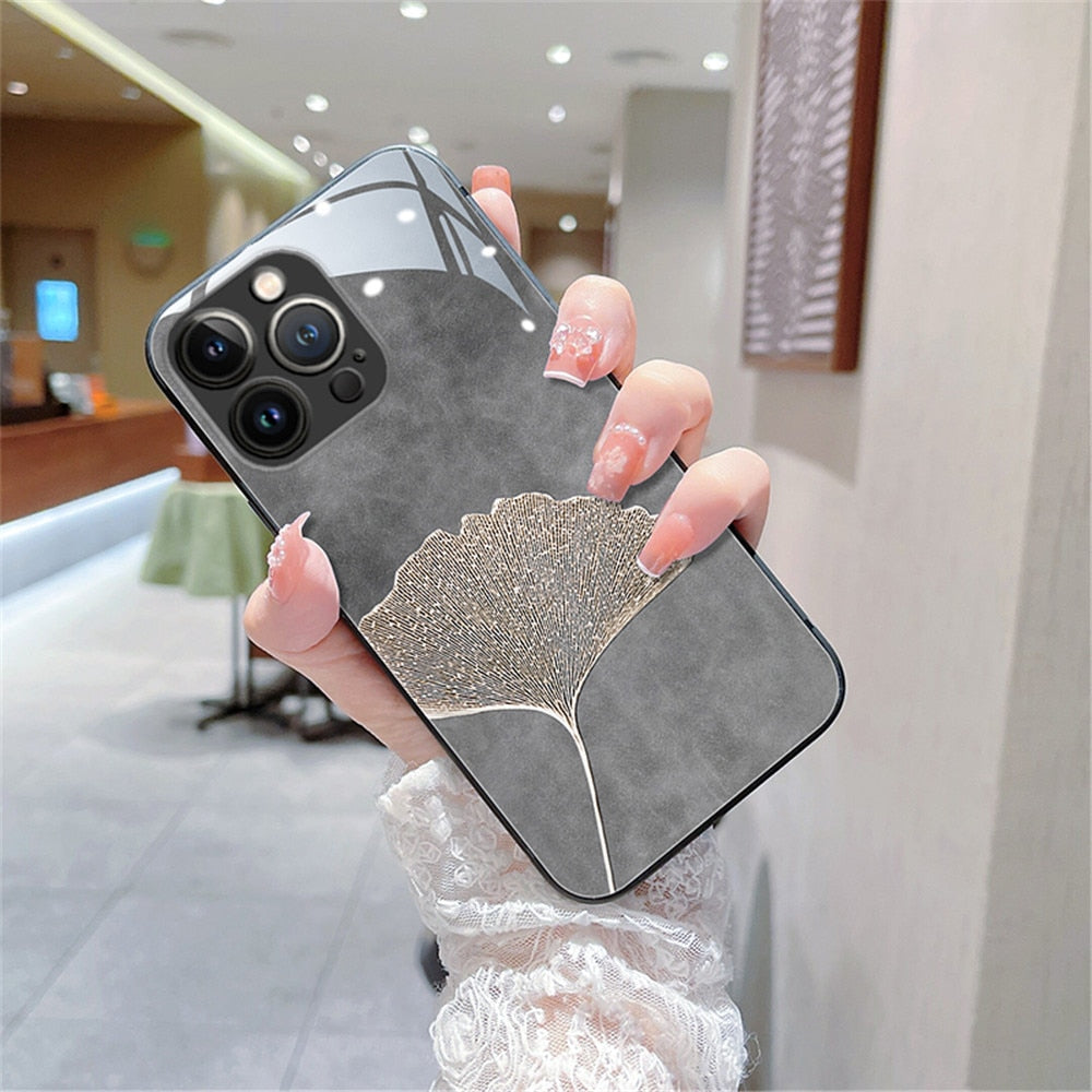 Anymob iPhone Case Black Vintage Leaves Tempered Glass Silicon Back Cover-Mobile Phone Cases-PEROZ Accessories