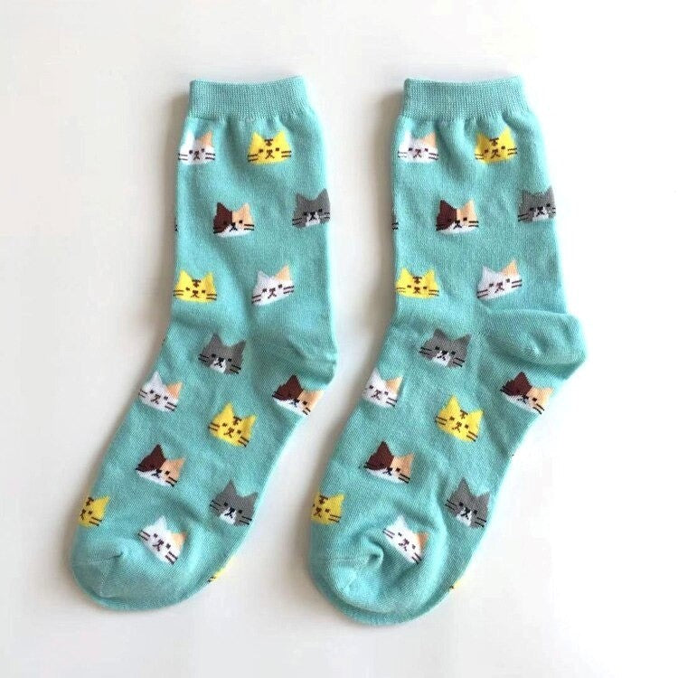 Anysox 5 Pairs Sky Blue Cat Size 5-9 Fashion Socks High Quality Office Sports Bussiness Long Socks Cotton Solid Colors Skateboard Knitted Casual-Socks-PEROZ Accessories