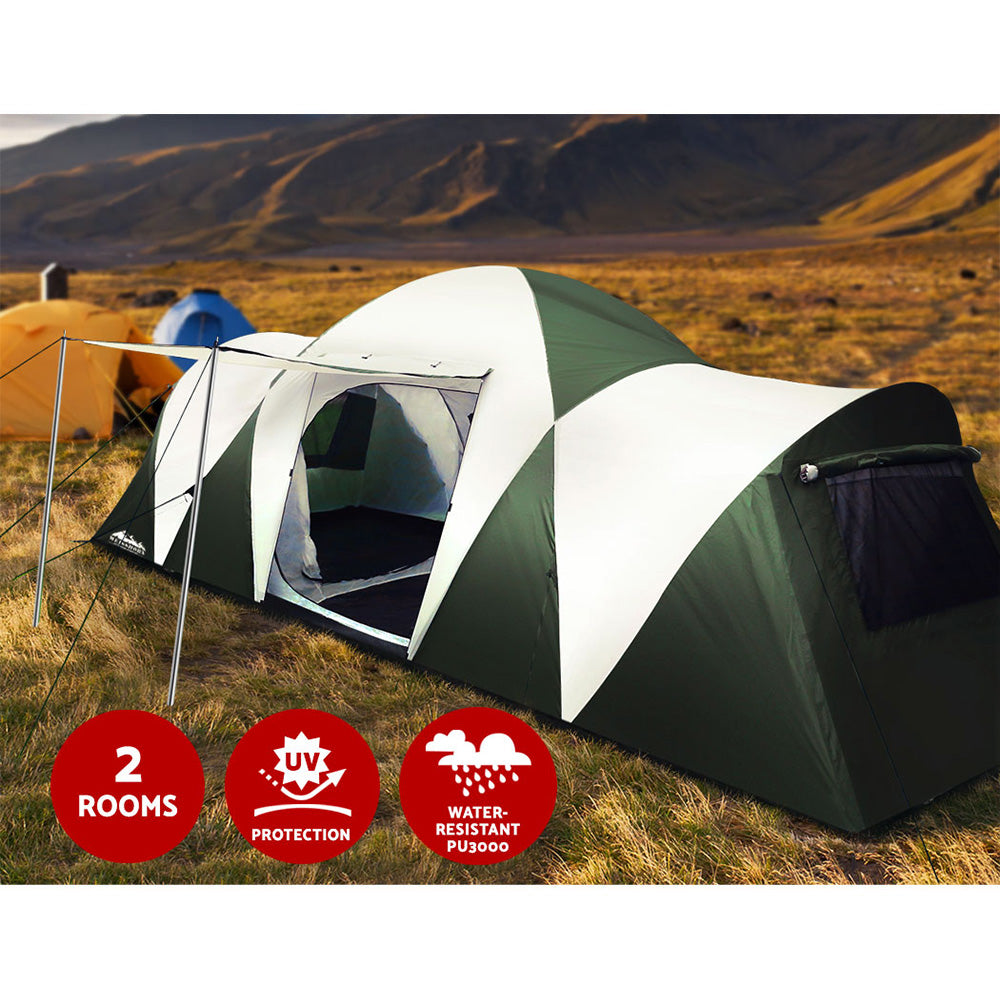 Weisshorn Family Camping Tent 12 Person Hiking Beach Tents (3 Rooms) Green-Outdoor > Camping-PEROZ Accessories