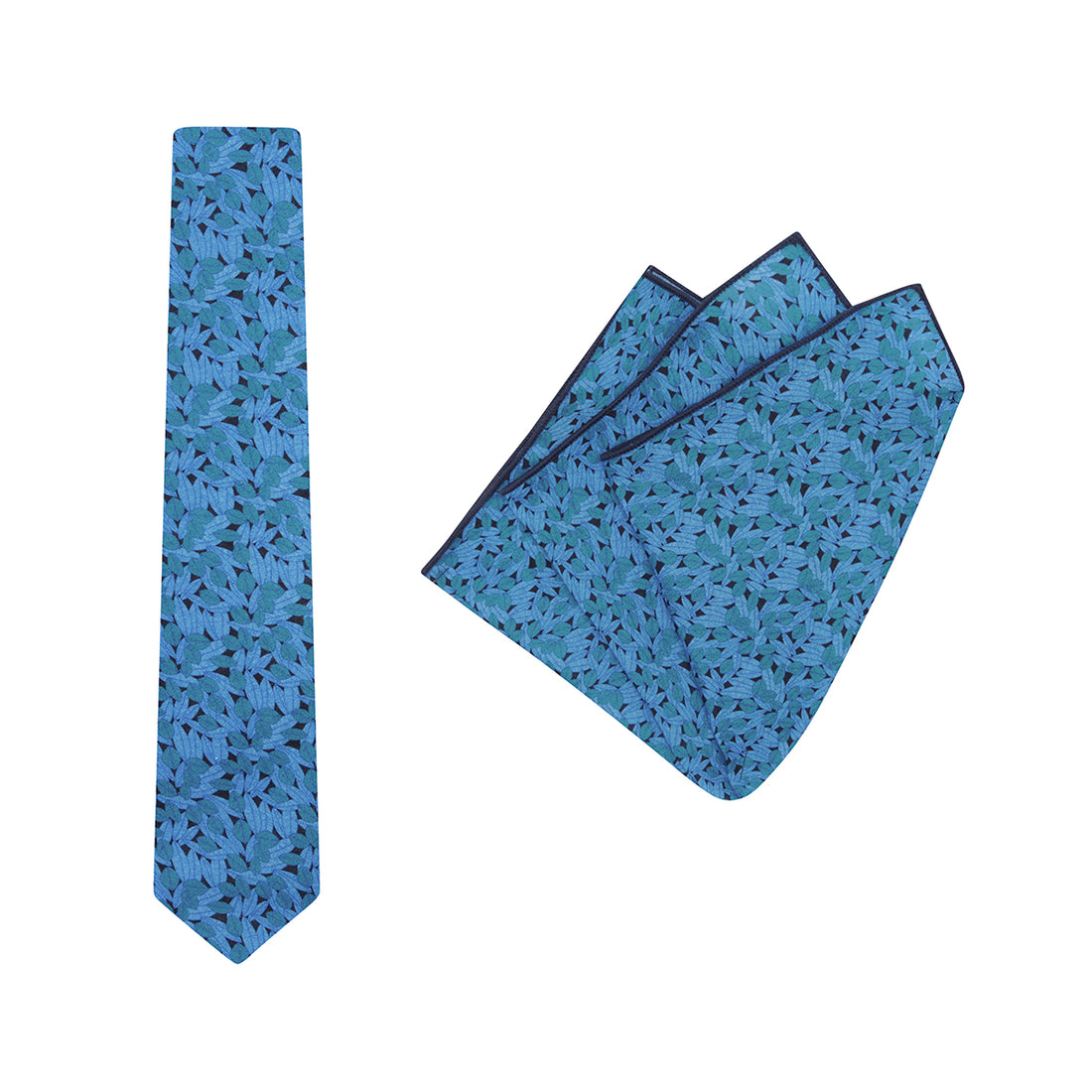 TIE + POCKET SQUARE SET. Jocelyn Proust Lined Leaves Print. Navy/Blue. Supplied with matching pocket square.-Ties-PEROZ Accessories
