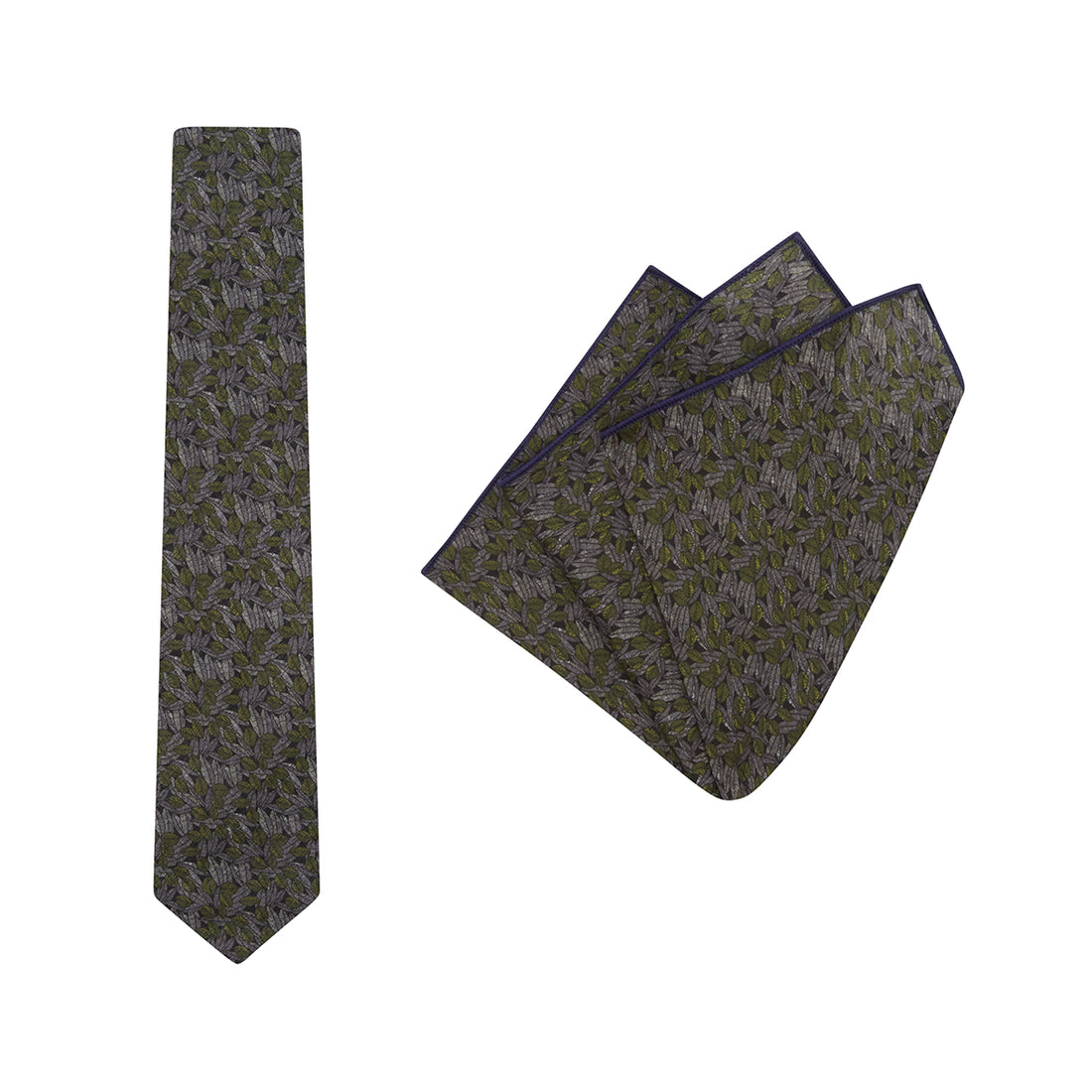 TIE + POCKET SQUARE SET. Jocelyn Proust Lined Leaves Print. Olive. Supplied with matching pocket square.-Ties-PEROZ Accessories