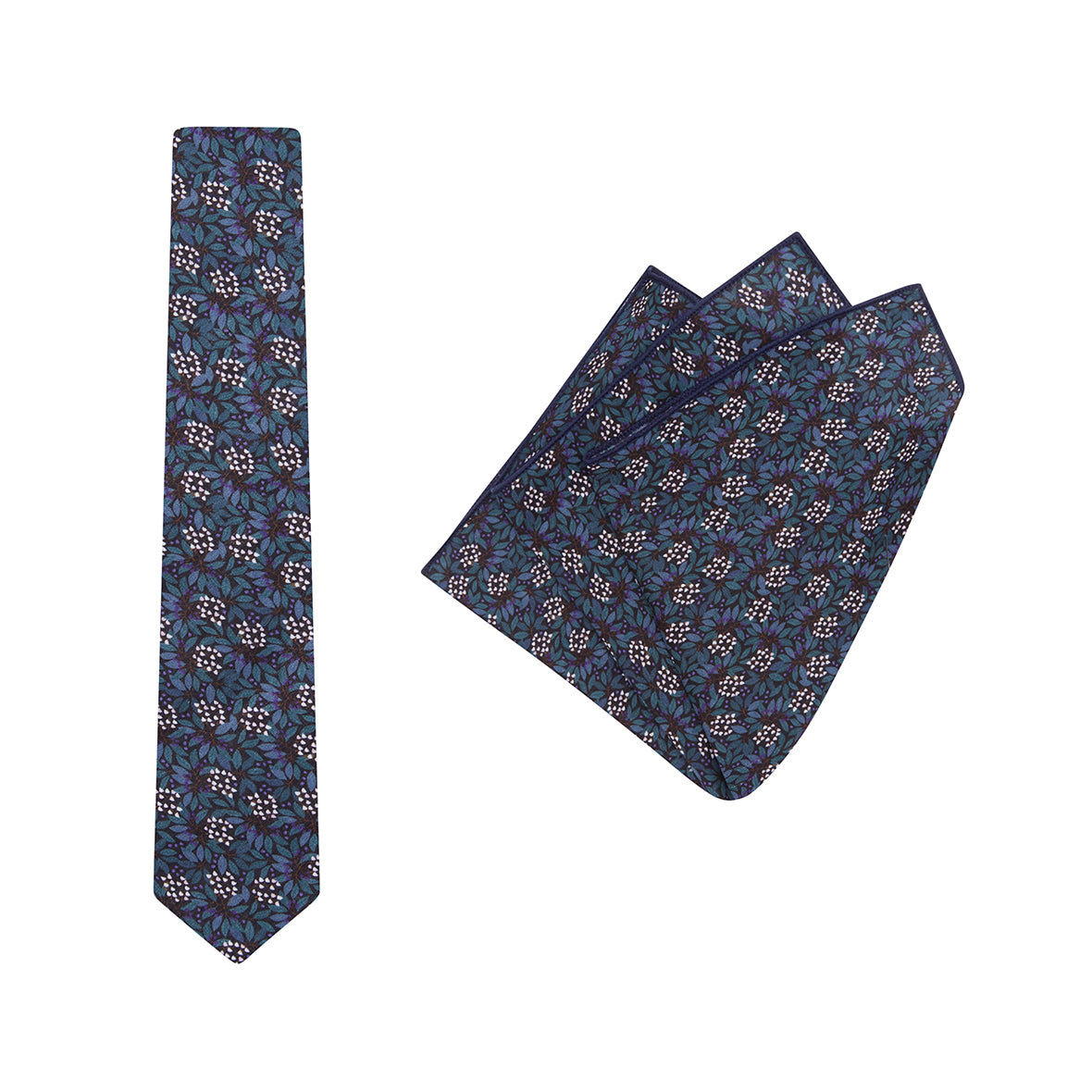 TIE + POCKET SQUARE SET. Jocelyn Proust Small Flower Print. Navy/Green. Supplied with matching pocket square-Ties-PEROZ Accessories