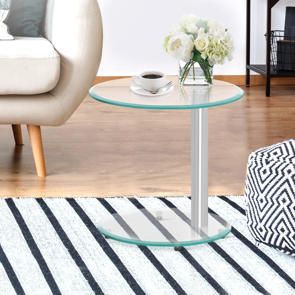 Artiss Side Coffee Table Bedside Furniture Oval Tempered Glass Top 2 Tier-Furniture > Dining - Peroz Australia - Image - 1