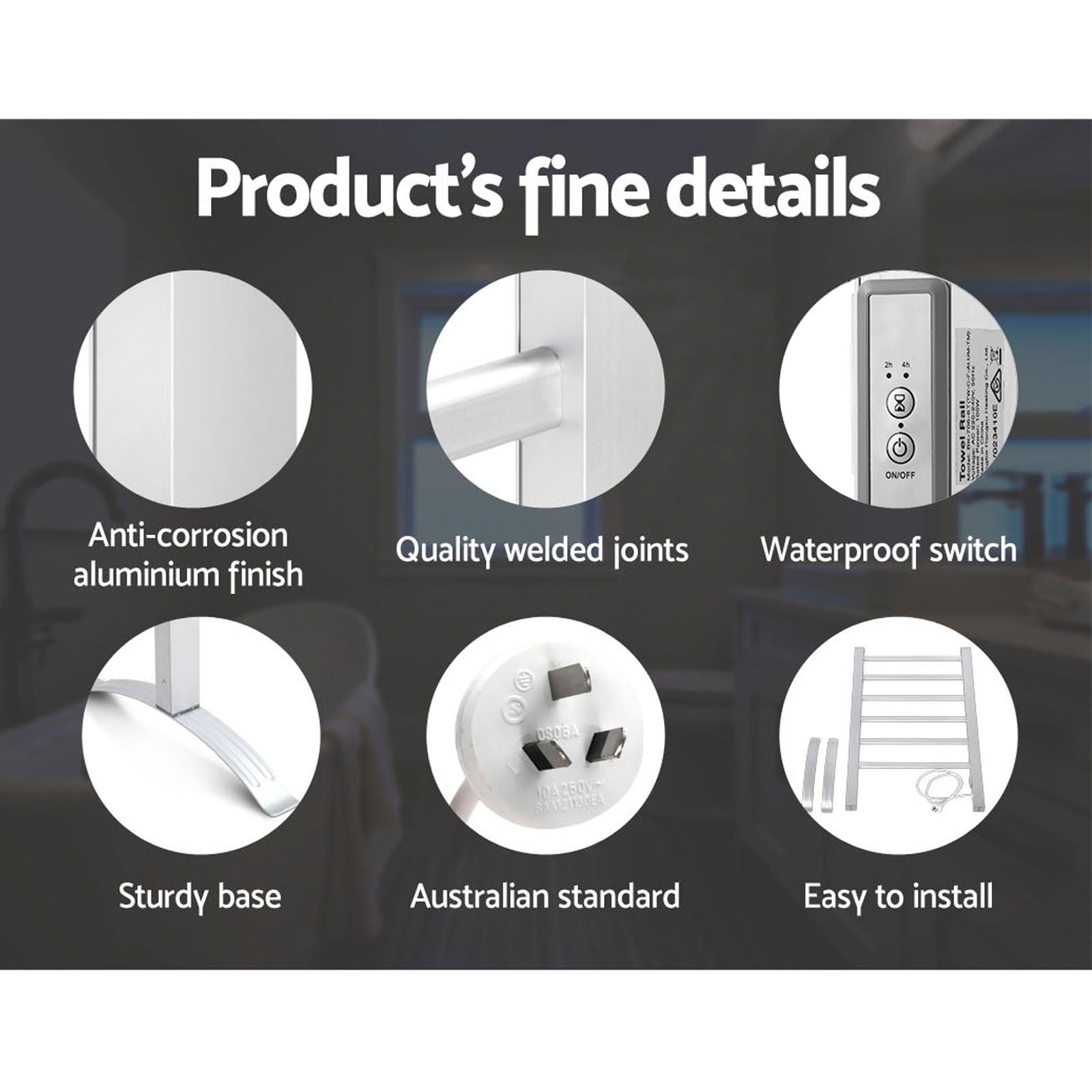 Devanti Electric Heated Towel Rail Rails Warmer Rack Aluminium 6 Bars-Home & Garden > Bathroom Accessories-PEROZ Accessories