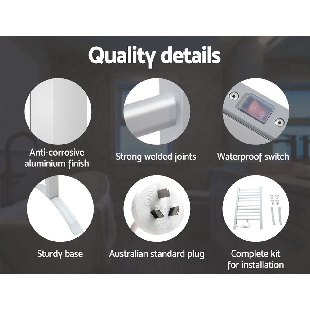 Devanti Electric Heated Towel Rail Rails Warmer Rack Aluminium 10 Bars-Home & Garden > Bathroom Accessories-PEROZ Accessories