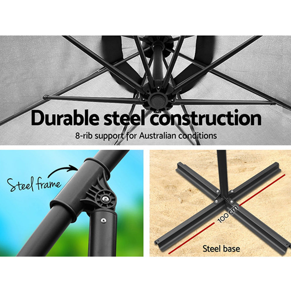 Instahut Outdoor Umbrella 3M Cantilever Beach Garden Grey-Furniture > Outdoor-PEROZ Accessories