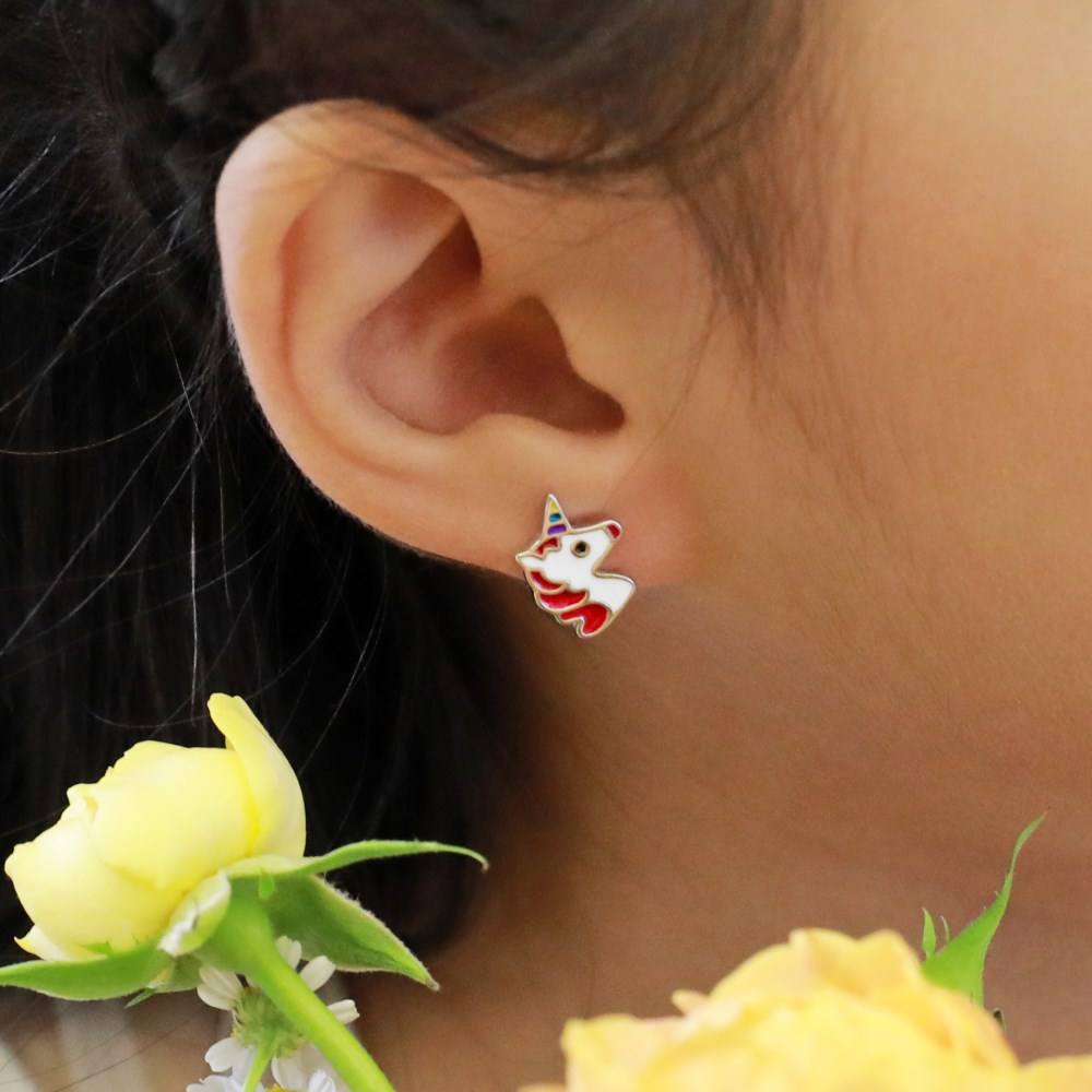 Anyco Earrings Unicorn Shape Hypoallergenic Nickel 925 Sterling Silver CZ Cubic Zirconia Tiny Enamel Stud Earrings for Kid-Earrings-PEROZ Accessories