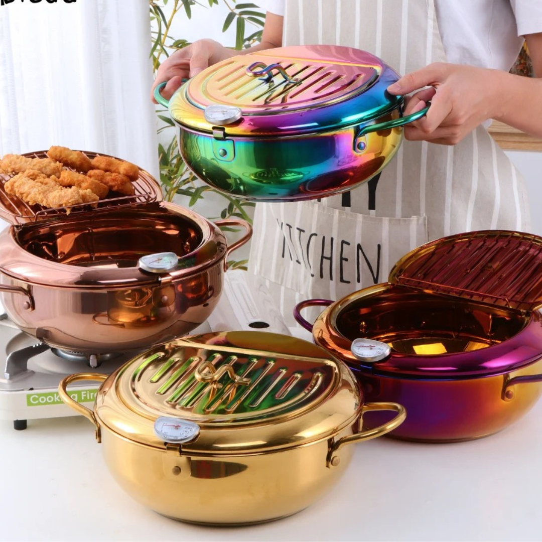 Anygleam Frying Pan Rose Gold Stainless Steel Thermometer Kitchen Utensils Tempura Fryer Pan Temperature Control Fried Cooking Tools-Pots-PEROZ Accessories