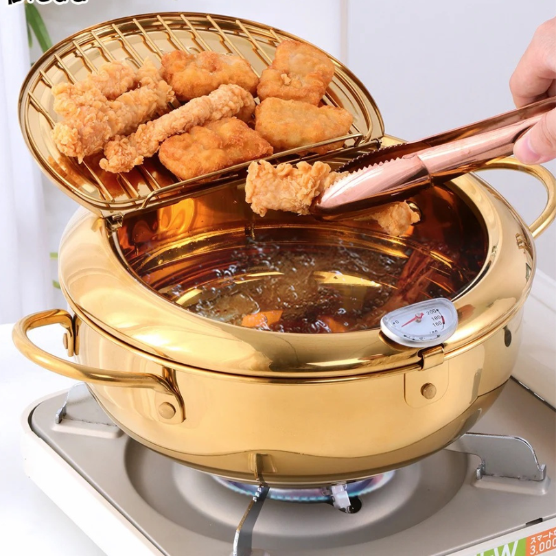 Anygleam Frying Pan Rose Gold Stainless Steel Thermometer Kitchen Utensils Tempura Fryer Pan Temperature Control Fried Cooking Tools-Pots-PEROZ Accessories