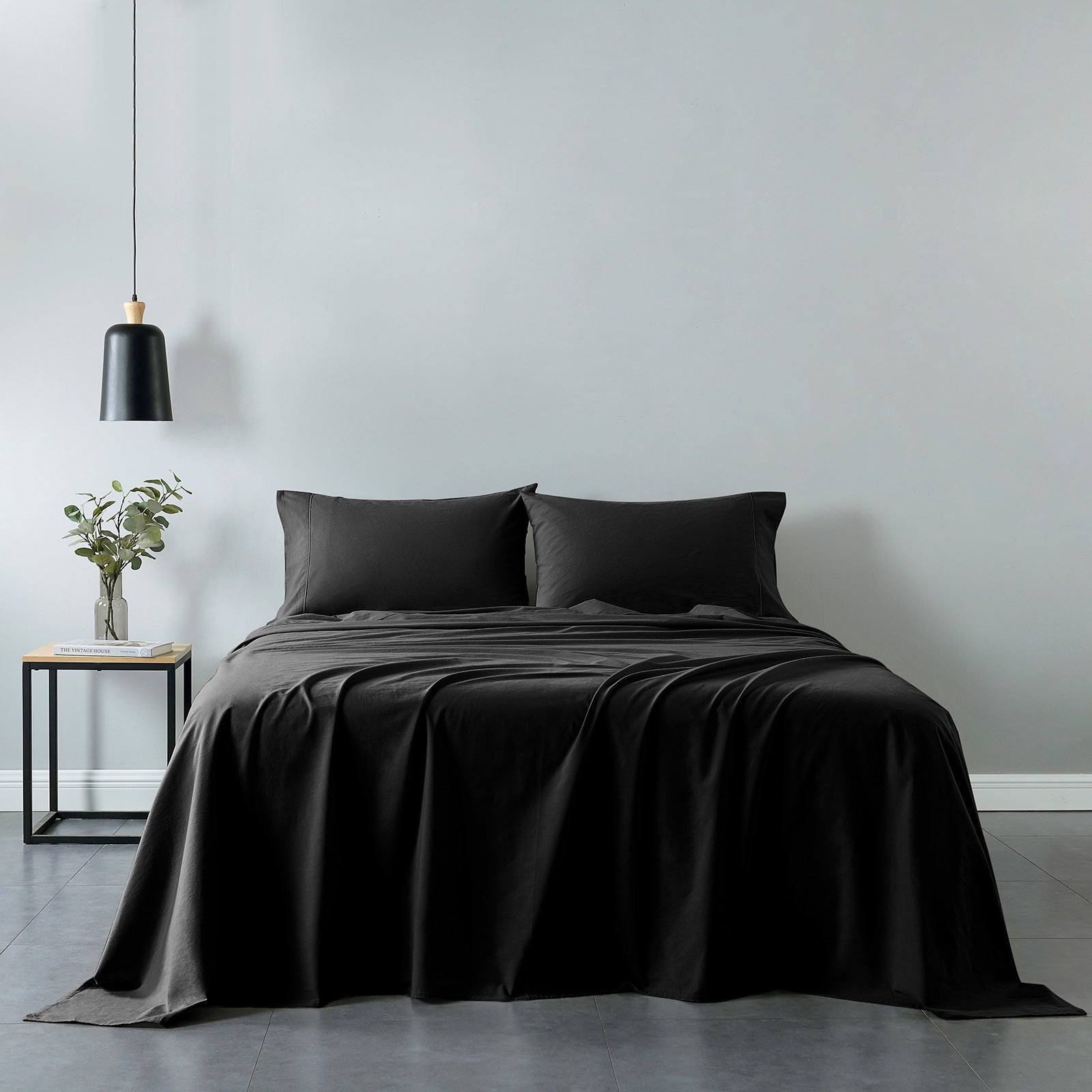Royal Comfort Vintage Washed 100% Cotton Sheet Set Fitted Flat Sheet Pillowcases - Double - Charcoal-Home & Garden > Bedding-PEROZ Accessories