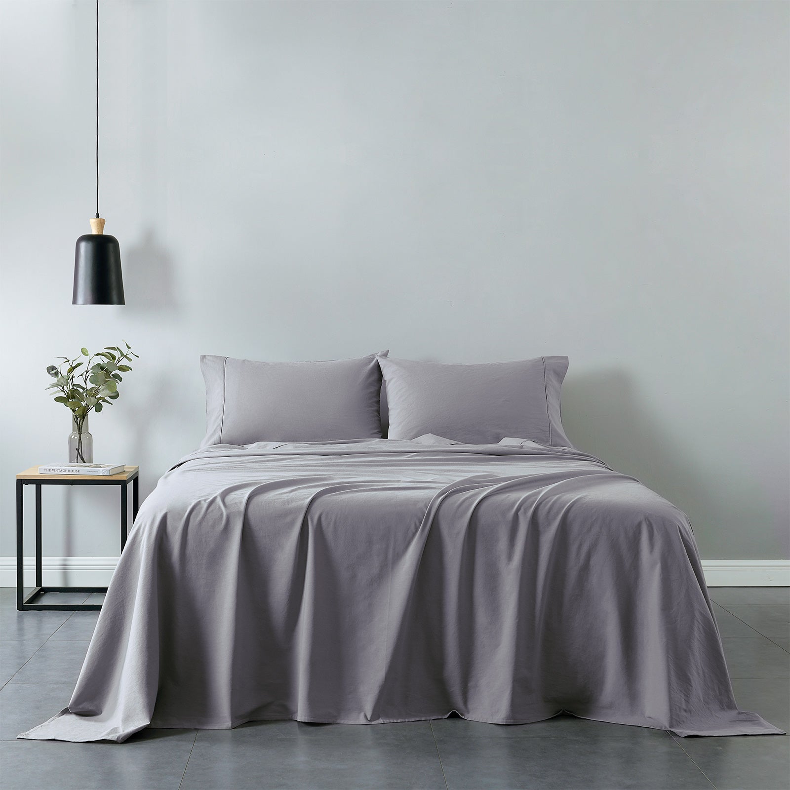 Royal Comfort Vintage Washed 100% Cotton Sheet Set Fitted Flat Sheet Pillowcases - Double - Grey-Home & Garden > Bedding-PEROZ Accessories