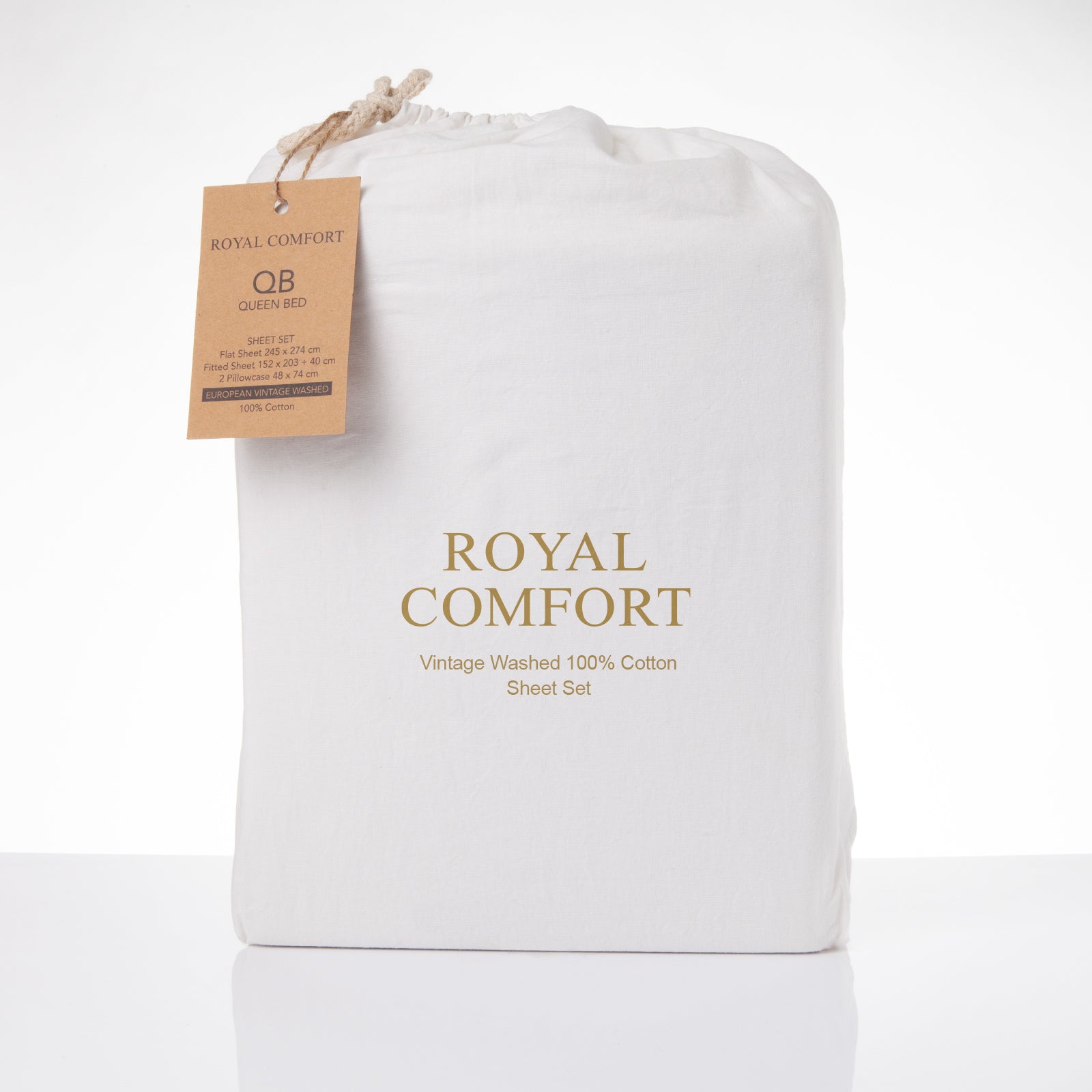 Royal Comfort Vintage Washed 100% Cotton Sheet Set Fitted Flat Sheet Pillowcases - Queen - White-Bed Sheets-PEROZ Accessories