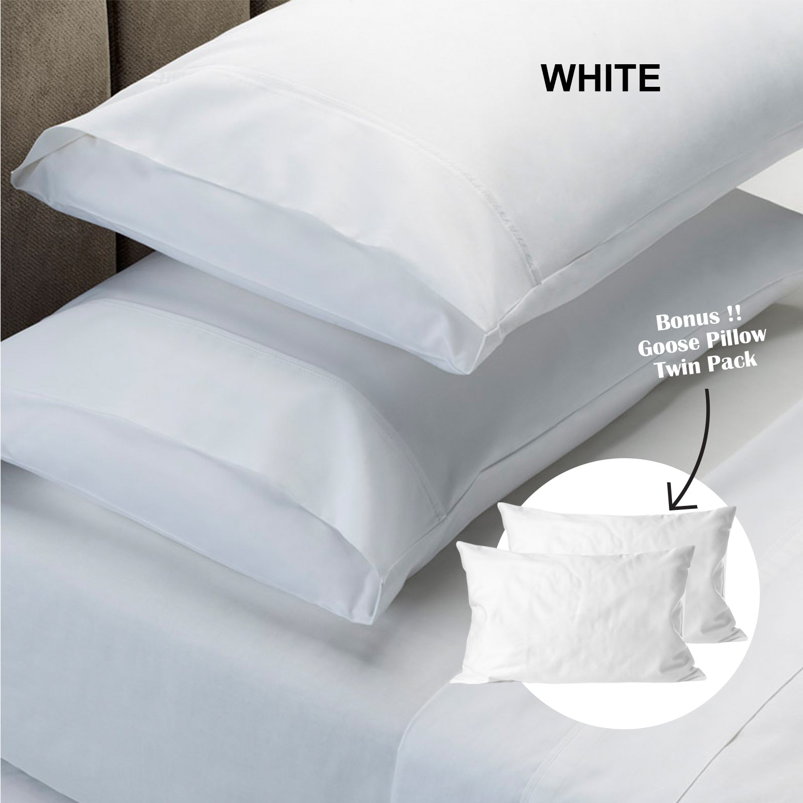 Royal Comfort 4 Piece 1500TC Sheet Set And Goose Feather Down Pillows 2 Pack Set - Double - White-Home & Garden > Bedding-PEROZ Accessories