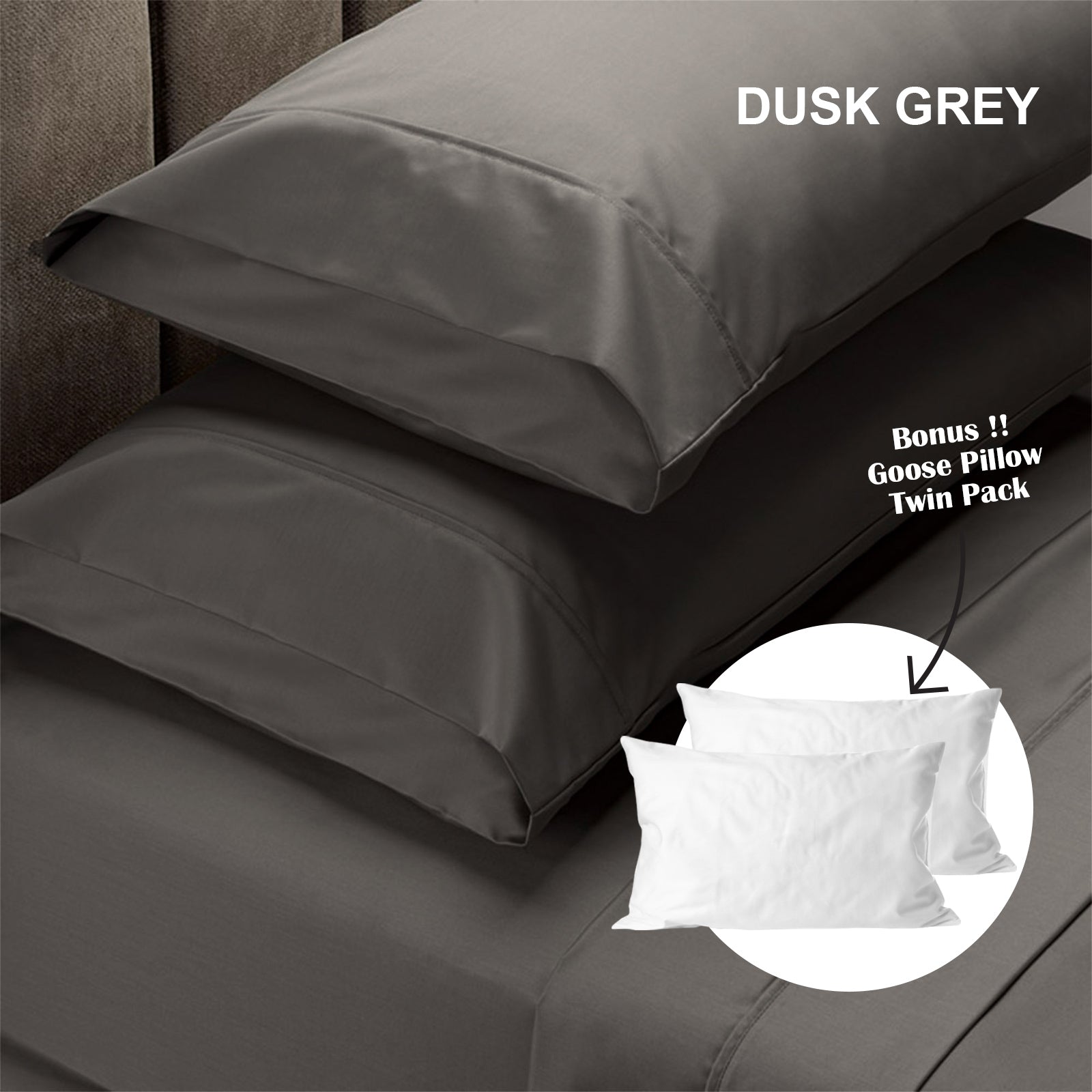Royal Comfort 4 Piece 1500TC Sheet Set And Goose Feather Down Pillows 2 Pack Set - Queen - Dusk Grey-Home & Garden > Bedding-PEROZ Accessories