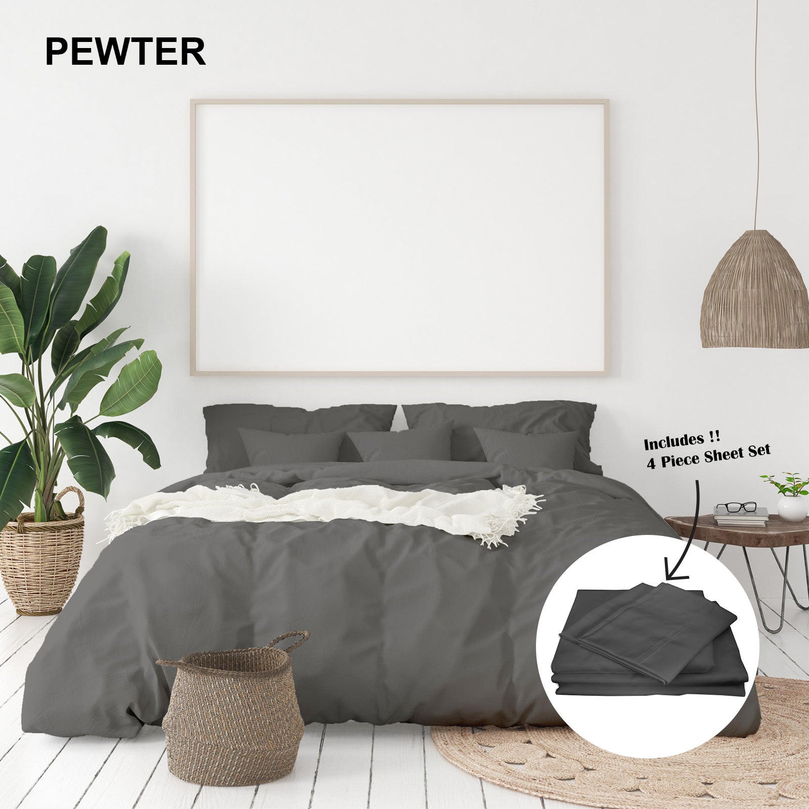 Royal Comfort 1000 Thread Count Bamboo Cotton Sheet and Quilt Cover Complete Set - Queen - Pewter-Bed Sheets-PEROZ Accessories