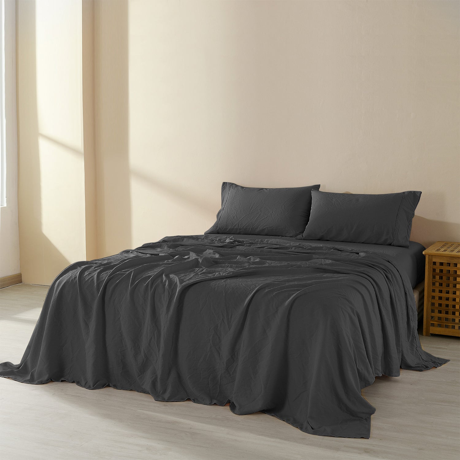 Royal Comfort Flax Linen Blend Sheet Set Bedding Luxury Breathable Ultra Soft - King - Charcoal-Home & Garden > Bedding-PEROZ Accessories