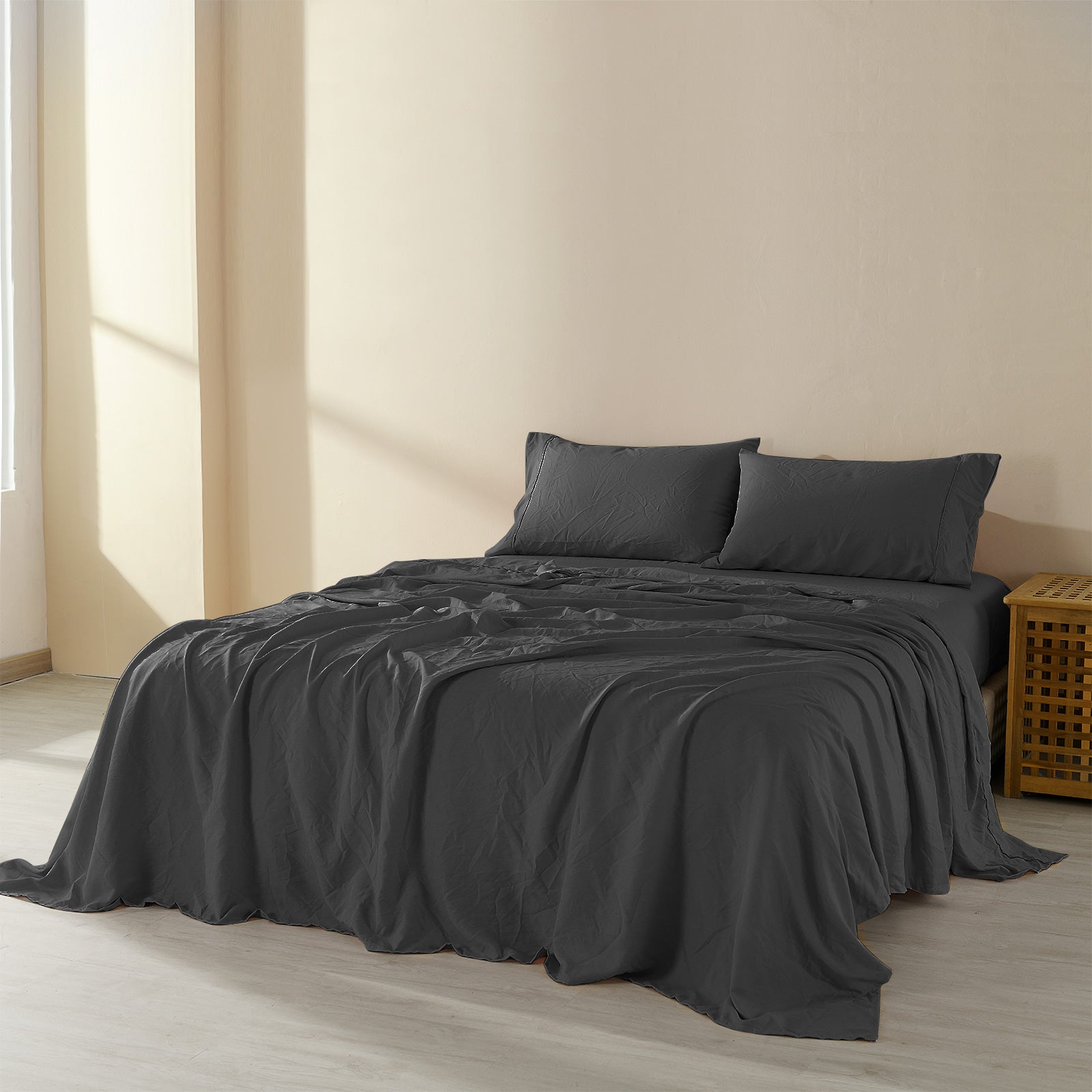 Royal Comfort Flax Linen Blend Sheet Set Bedding Luxury Breathable Ultra Soft - King - Charcoal-Home & Garden > Bedding-PEROZ Accessories
