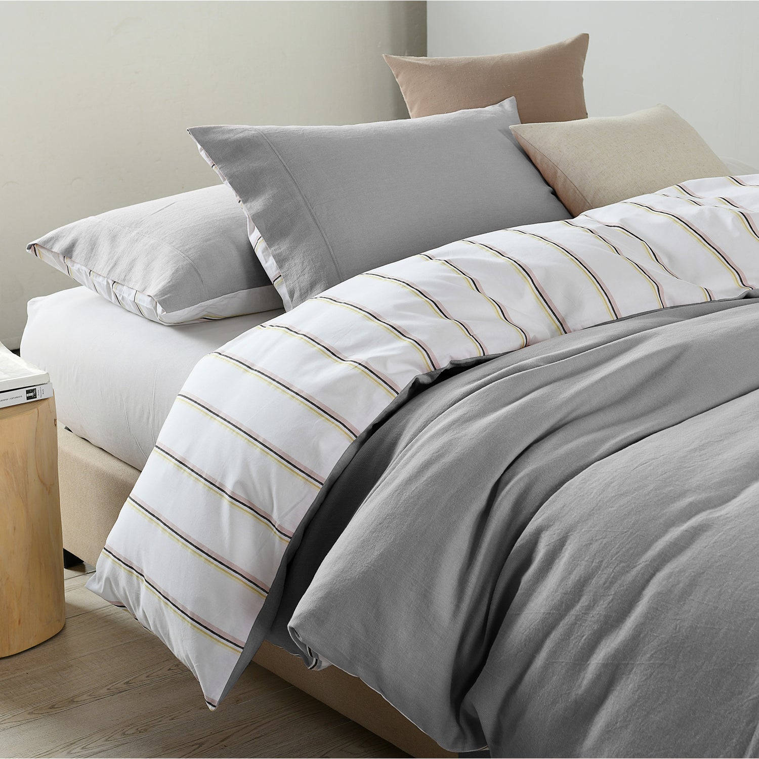 Royal Comfort Hemp Braid Cotton Blend Quilt Cover Set Reverse Stripe Bedding - King - Light Grey-Home & Garden > Bedding-PEROZ Accessories