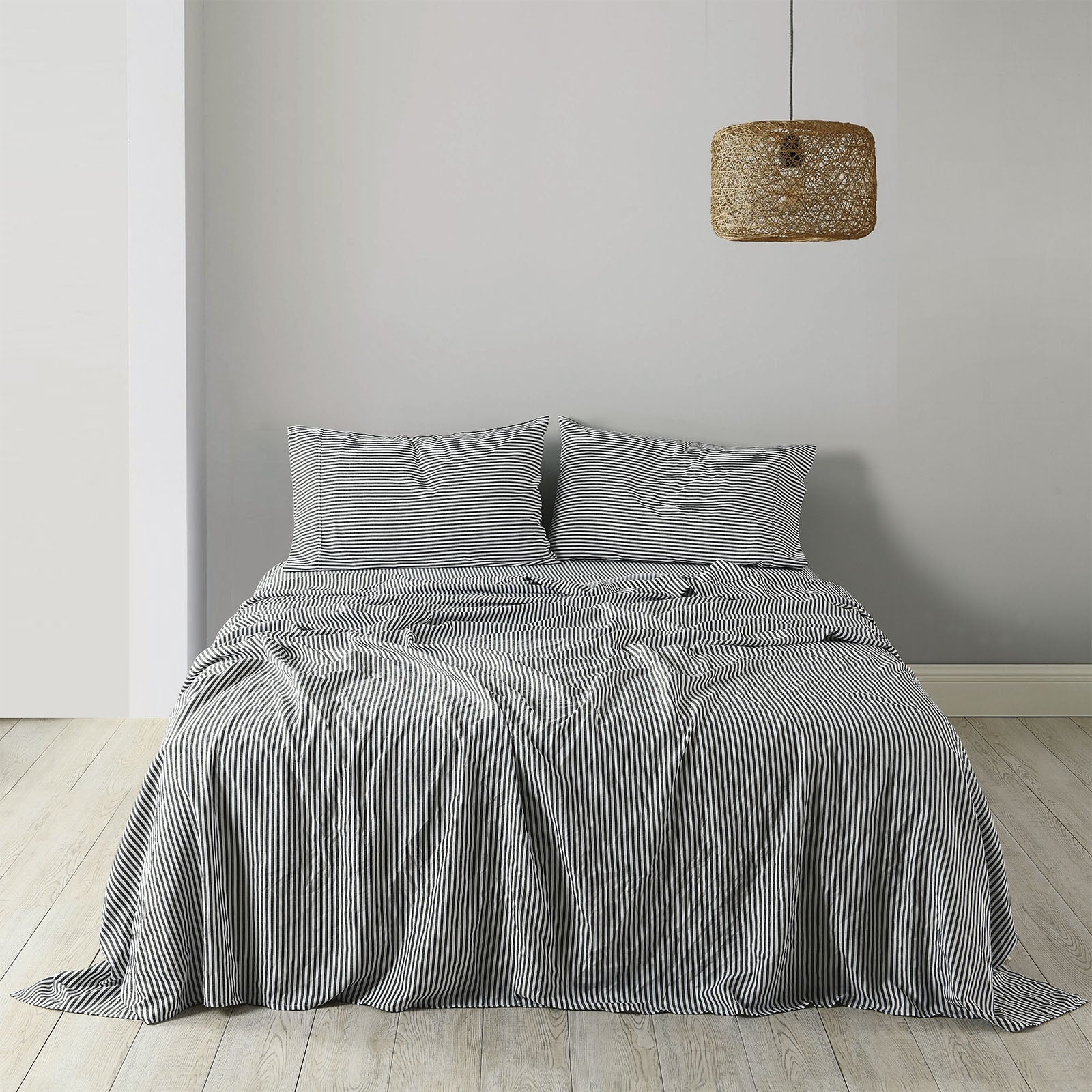 Royal Comfort Stripes Linen Blend Sheet Set Bedding Luxury Breathable Ultra Soft - Queen - Charcoal-Home & Garden > Bedding-PEROZ Accessories