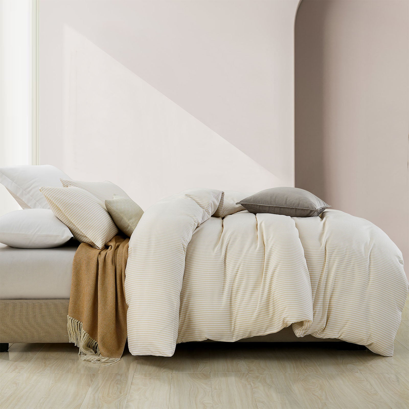 Royal Comfort Striped Flax Linen Blend Quilt Cover Set Soft Touch Bedding - Queen - Beige-Home & Garden > Bedding-PEROZ Accessories