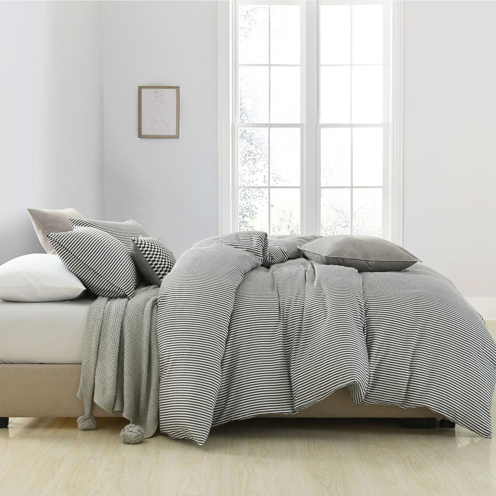 Royal Comfort Striped Flax Linen Blend Quilt Cover Set Soft Touch Bedding - Queen - Charcoal-Home & Garden > Bedding-PEROZ Accessories